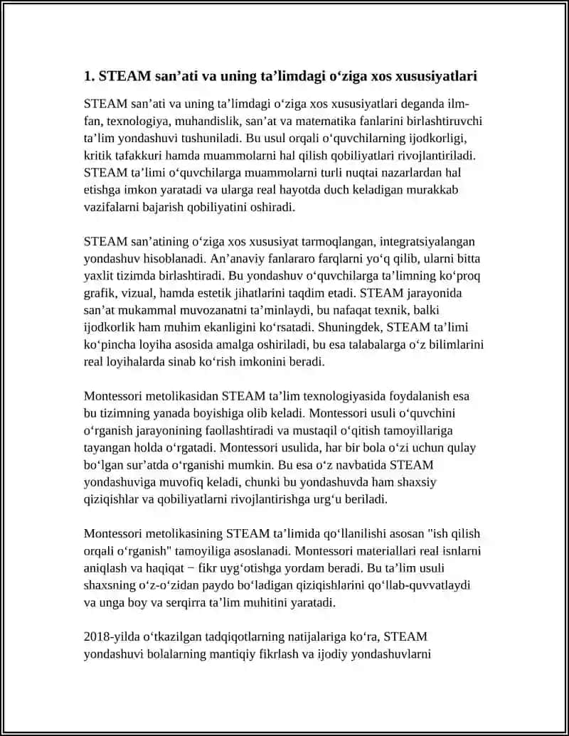 STEAM TEXNOLOGIYASI ART VA UNING OʻZIGA XOS XUSUSIYATLARI.STEAM TALIM TEXNALOGIYASIDA M.MONTESSORI METODIKASIDAN FOYDALANISH 3