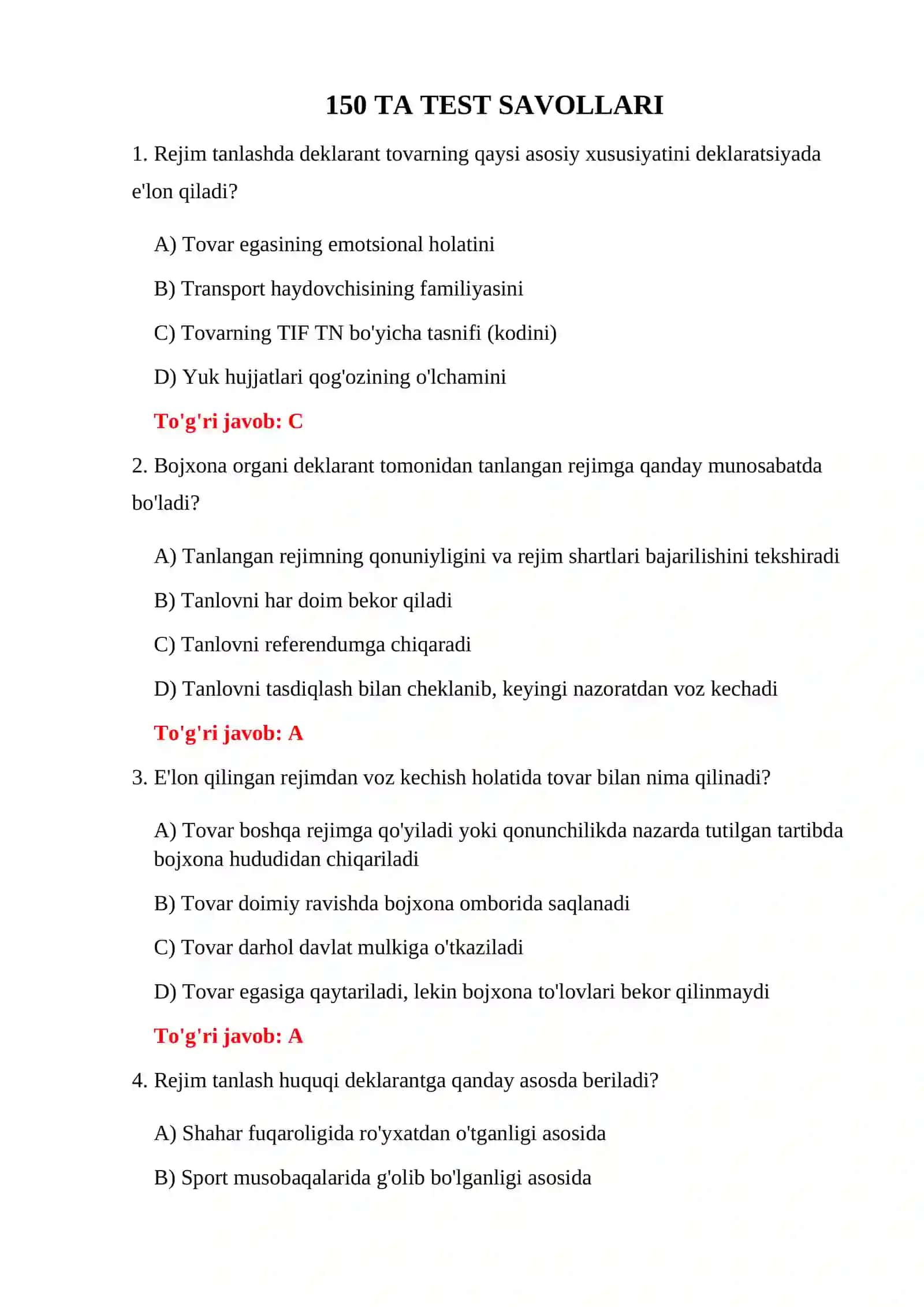 IMPORT BOJXONA REJIMI TESTLARI 3
