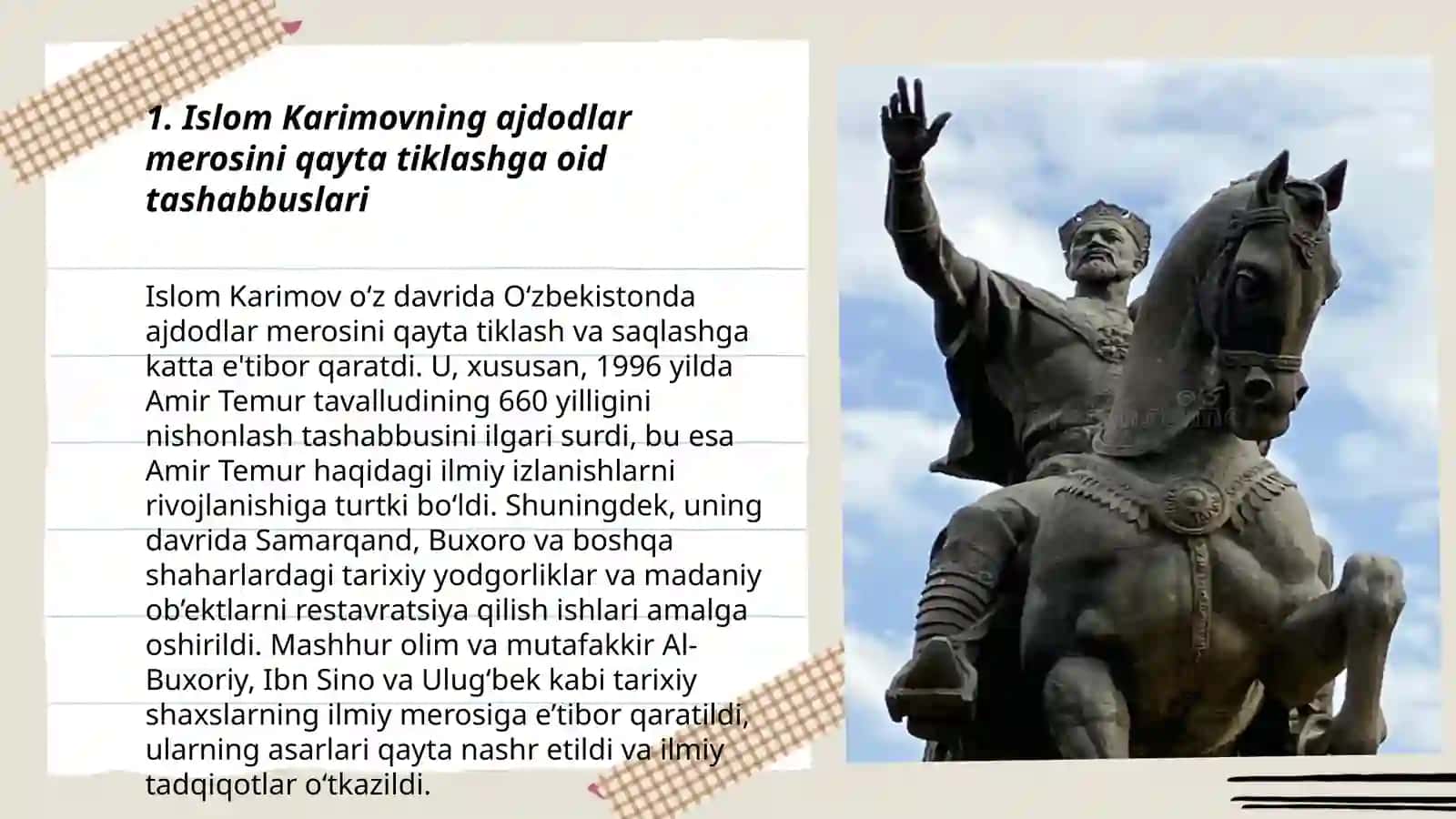 O‘zbekiston Respublikasining Birinchi Prezidenti Islom Karimovning ajdodlar merosi va milliy qadriyatlarni tiklash borasidagi xizmati 3