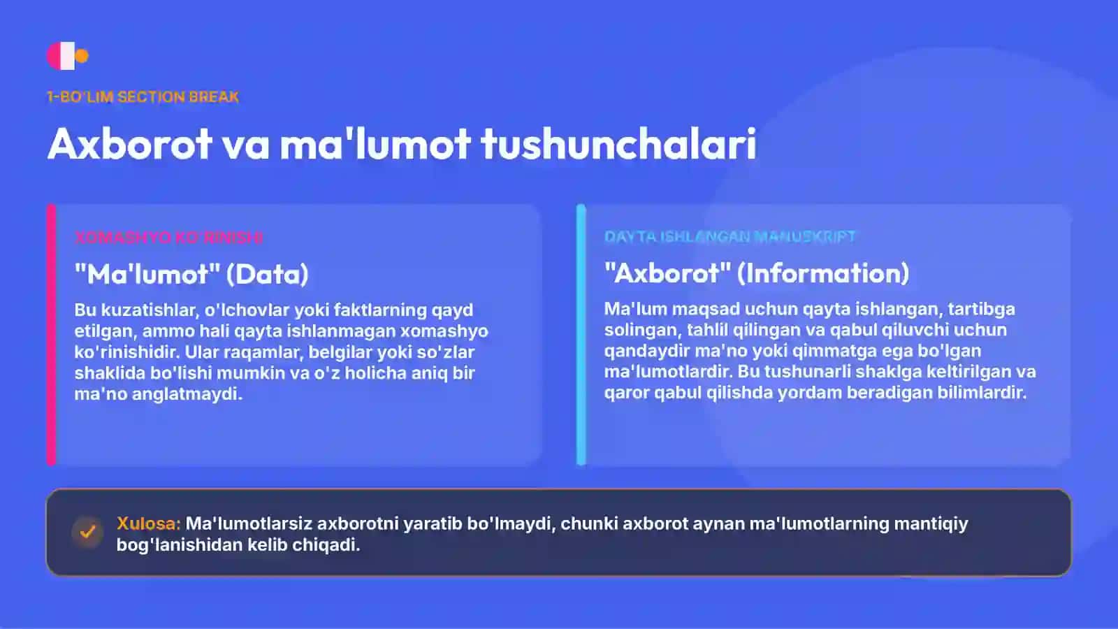 Axborot turlari va ishonchliligi | Ma'lumot va axborot konsepsiyalari, ularning xususiyatlari hamda axborotli jarayonlar 3