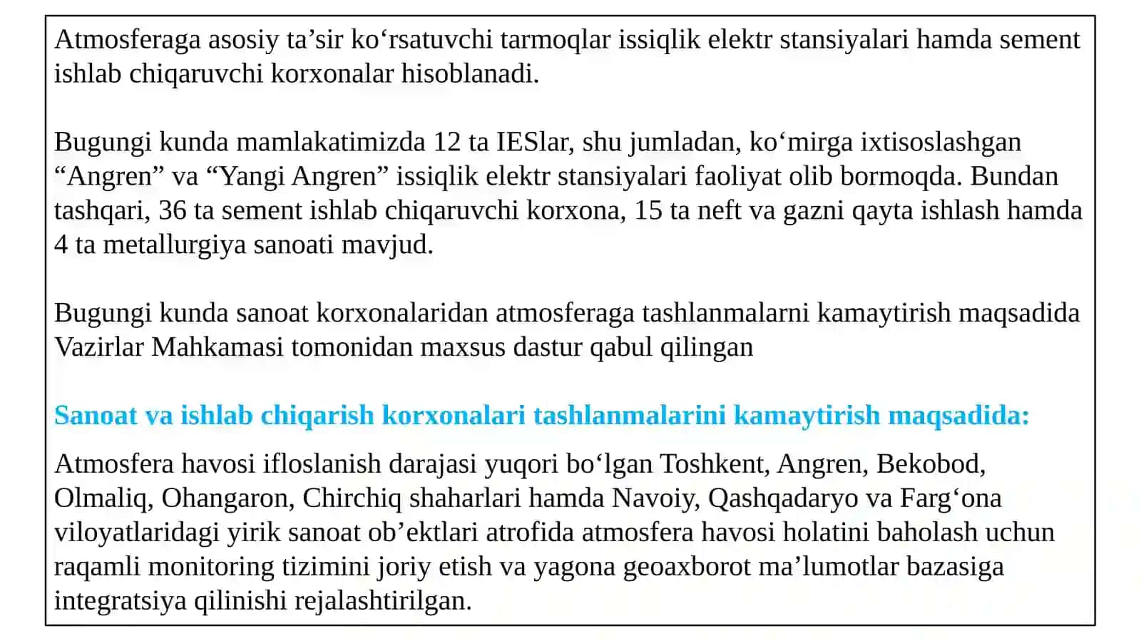 Atmosferaga asosiy ta’sir ko‘rsatuvchi tarmoqlar. Sement zavodlaridan atmosfera havosiga tashlanyotgan changlarni kamaytirish 3