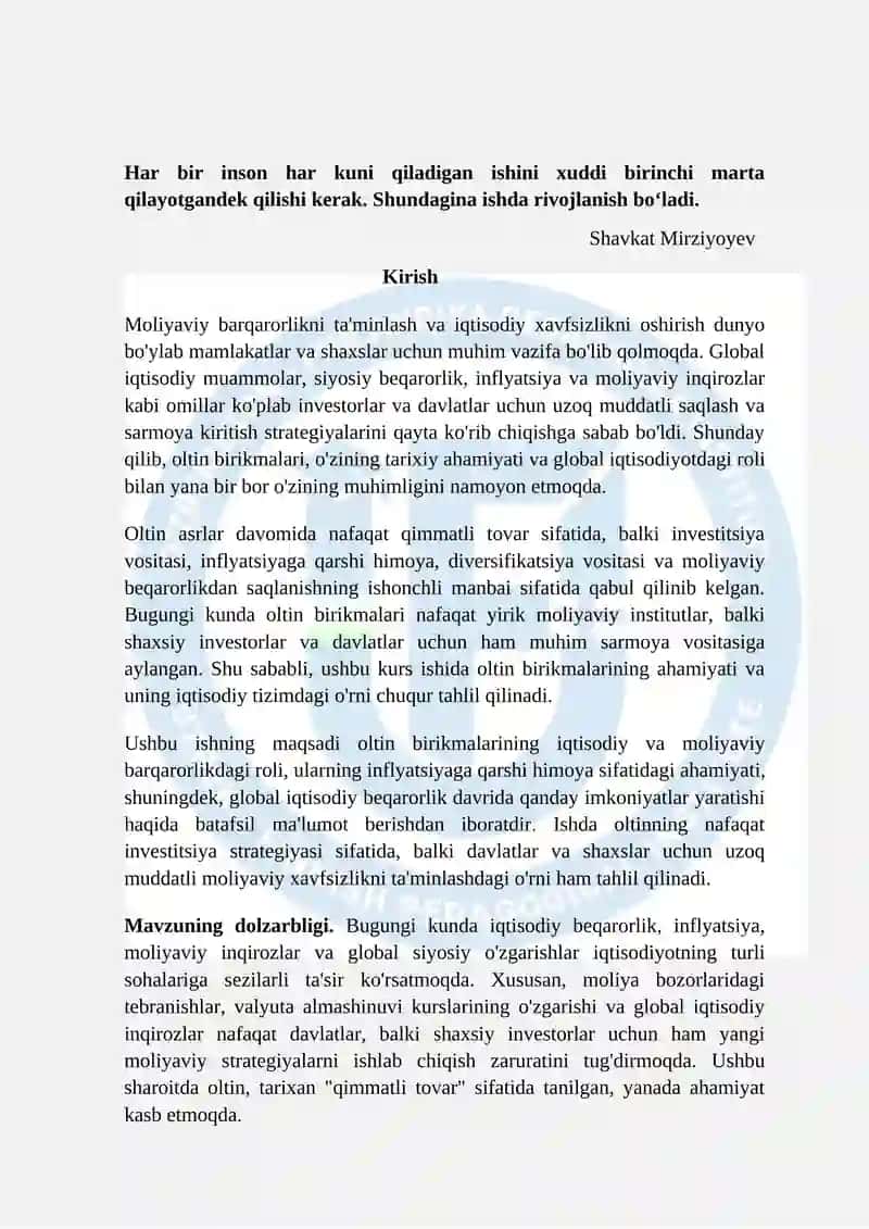 Kurs ishi: Oltin birikmalarining tuzilishi, olinishi va tibbiyotda ishlautilishi 3