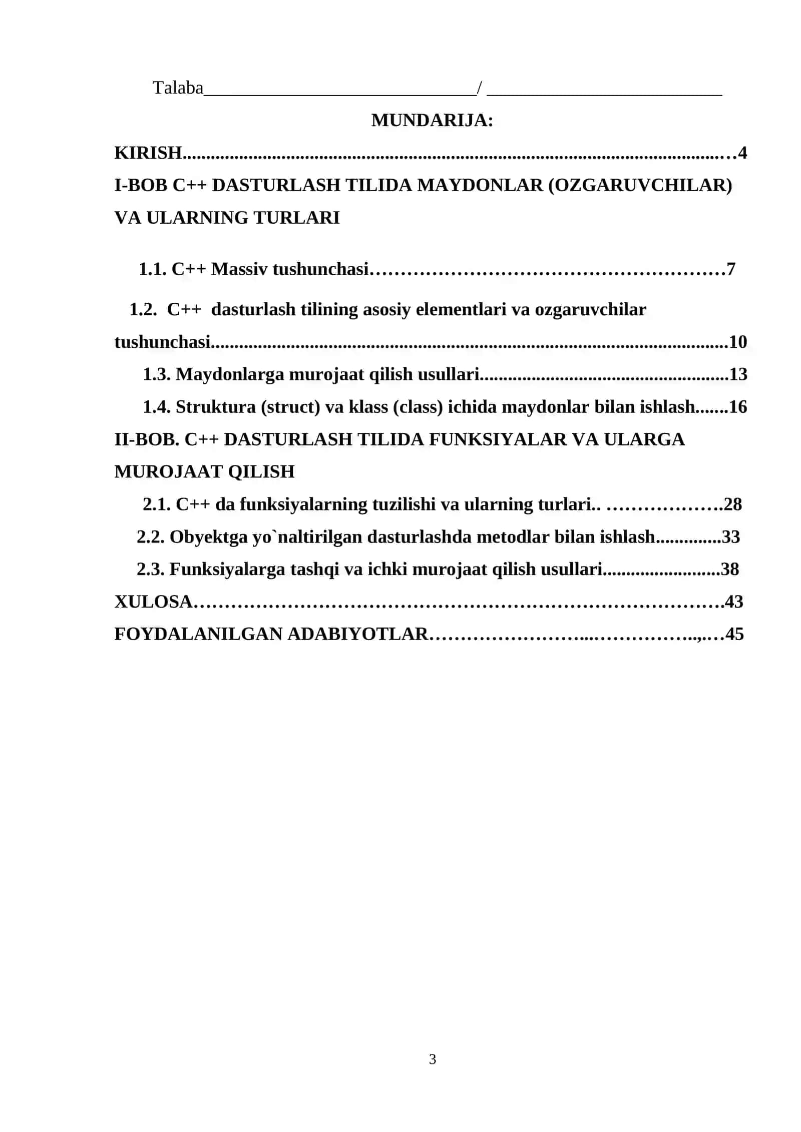 C++ DA MAYDON VA FUNKSIYALAR, ULARGA UROJAATLAR 3
