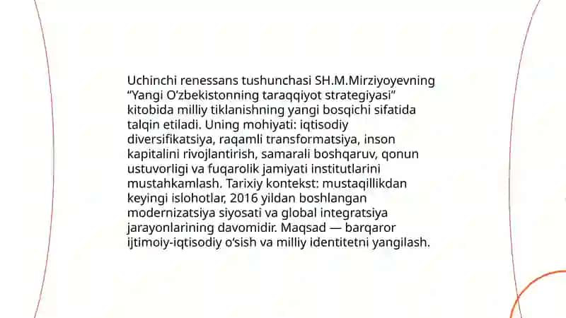 Yangi O’zbekistonning taraqqiyot strategiyasi “ kitobida rivojlanish modeli va Uchinchi renessans” tushunchalari 3
