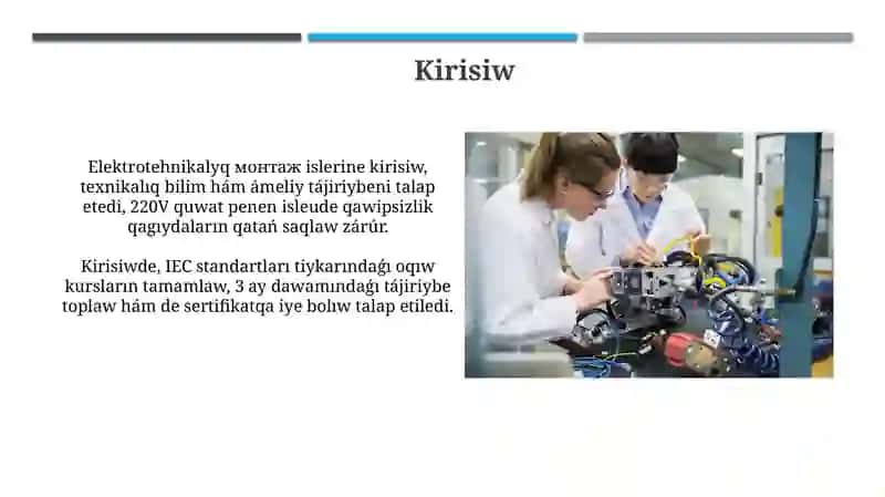 Elektrotehnikalyq монтаж islerine kirisiw 3
