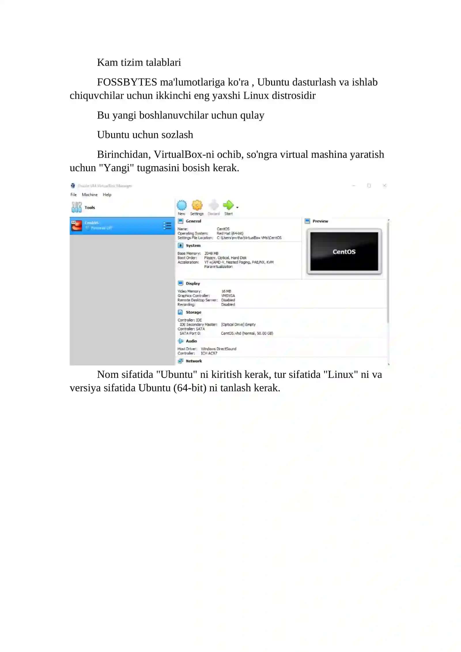 VirtualBoxda Ubuntu operatsion tizimini o’rnatish 3