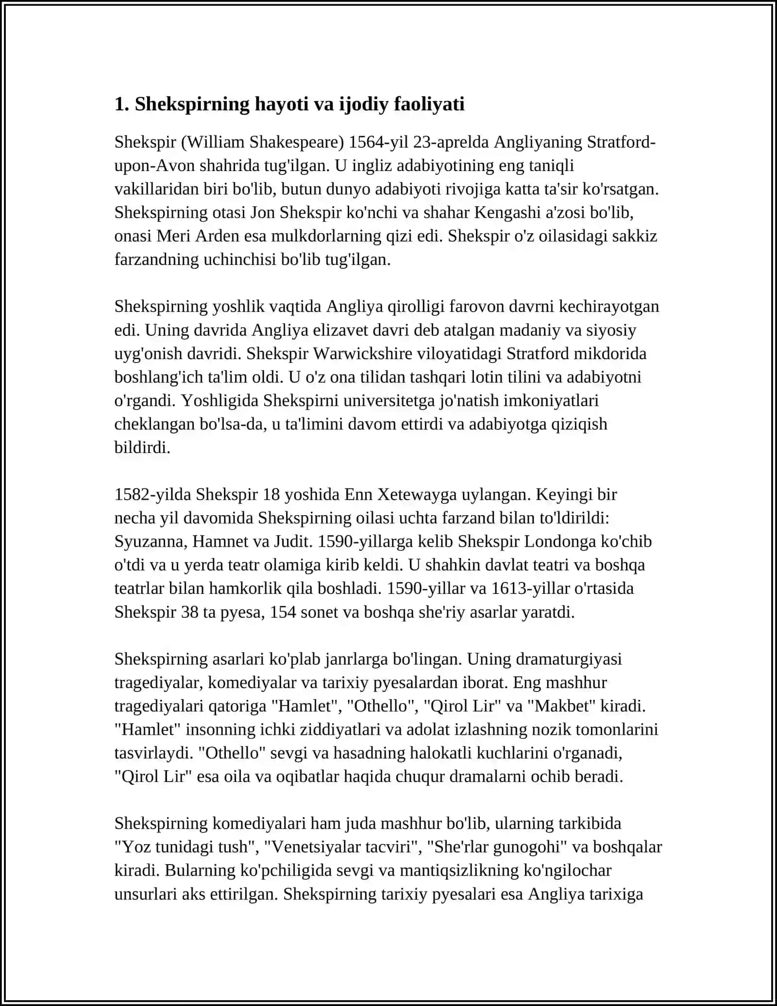 JAHON XALQLARI UYGʻONISH ADABIYOTI.SHEKSPIR IJODI 3