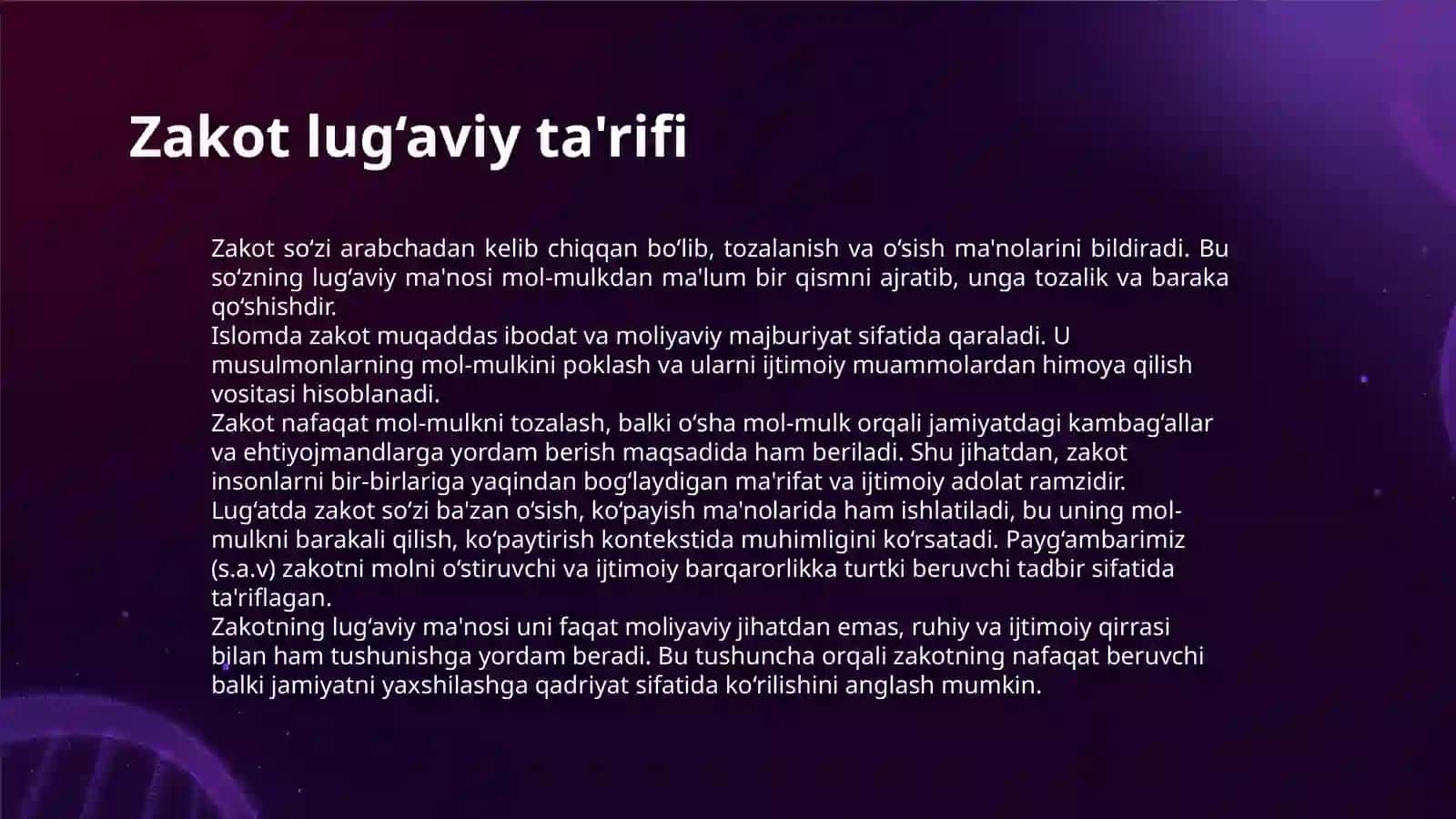 ZAKOT TUSHUNCHASI ZAKOTNING LUGʻAVIY MAʼNOSI IQTISODIY VA NATIJAVIY AHAMIYATI 3