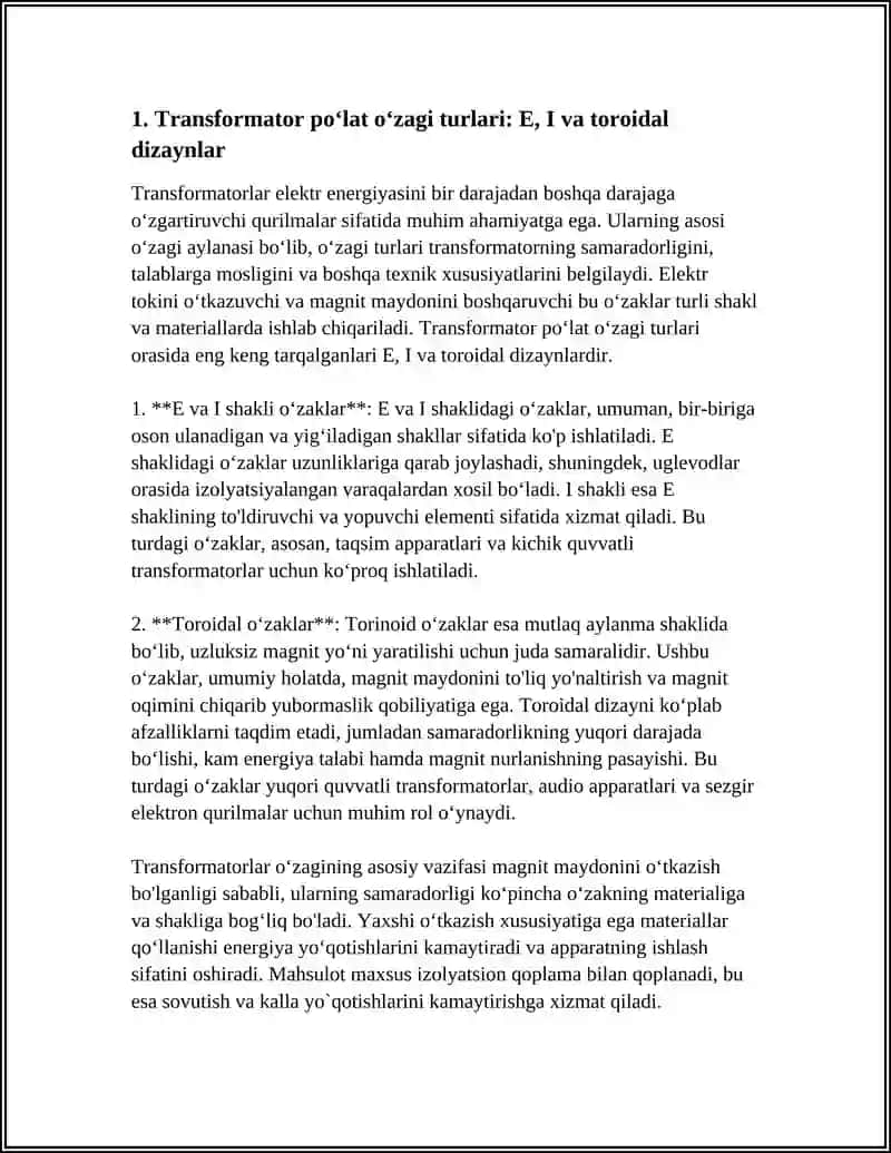TRANSFORMATOR POʻLAT OʻZAGI VA CHULGʻALARNI TUZULISHI XAMDA QOʻLLANISHI 3