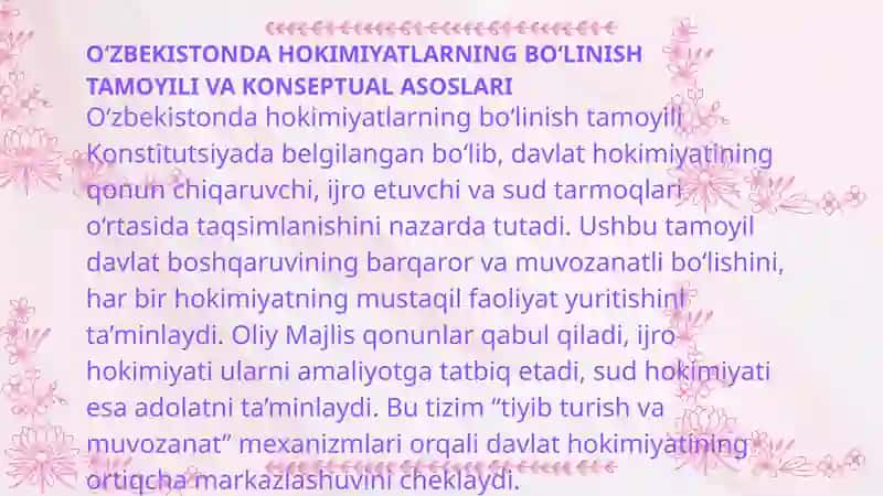 Oʻzbekistonda hokimiyatlarning boʻlinish tamoyili va konseptual asoslari. Oʻzbekistonda davlat boshqaruvi va fuqorolik jamiyati instutlari oʻzaro munosabatlari 3