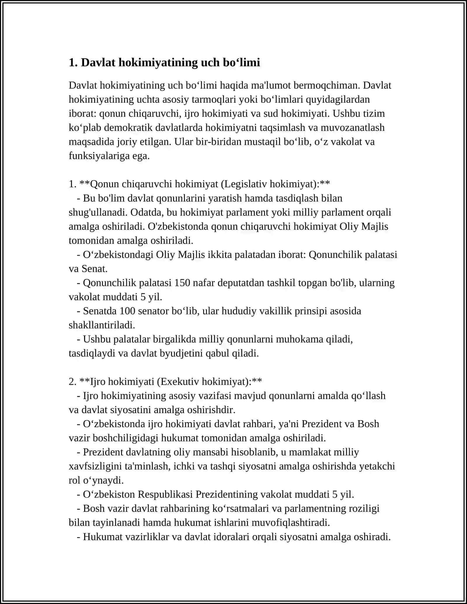 O‘zbekistonda Davlat Hokimiyati Bo‘linishi Tamoyili va Uning Amal Qilishi 3