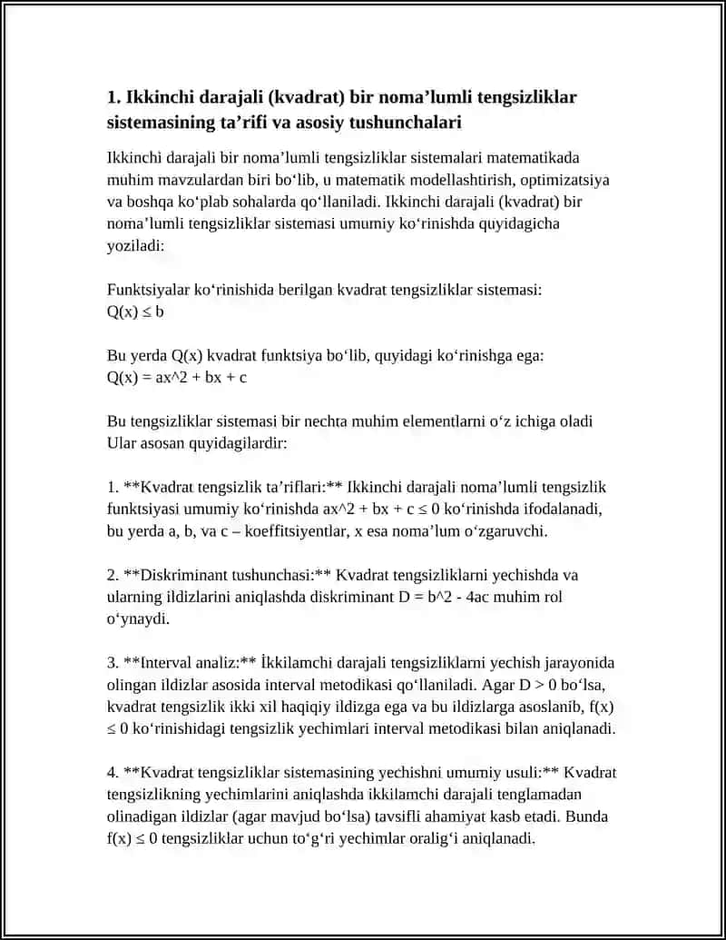 IKKINCHI DARAJALI BIR NO'MALUMLI TENGSIZLIKLAR SISTEMALARI 3