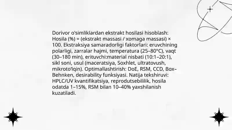 Dorivor o'simliklardan ekstrakt hosilasi hisoblash va optimallashtirish 3