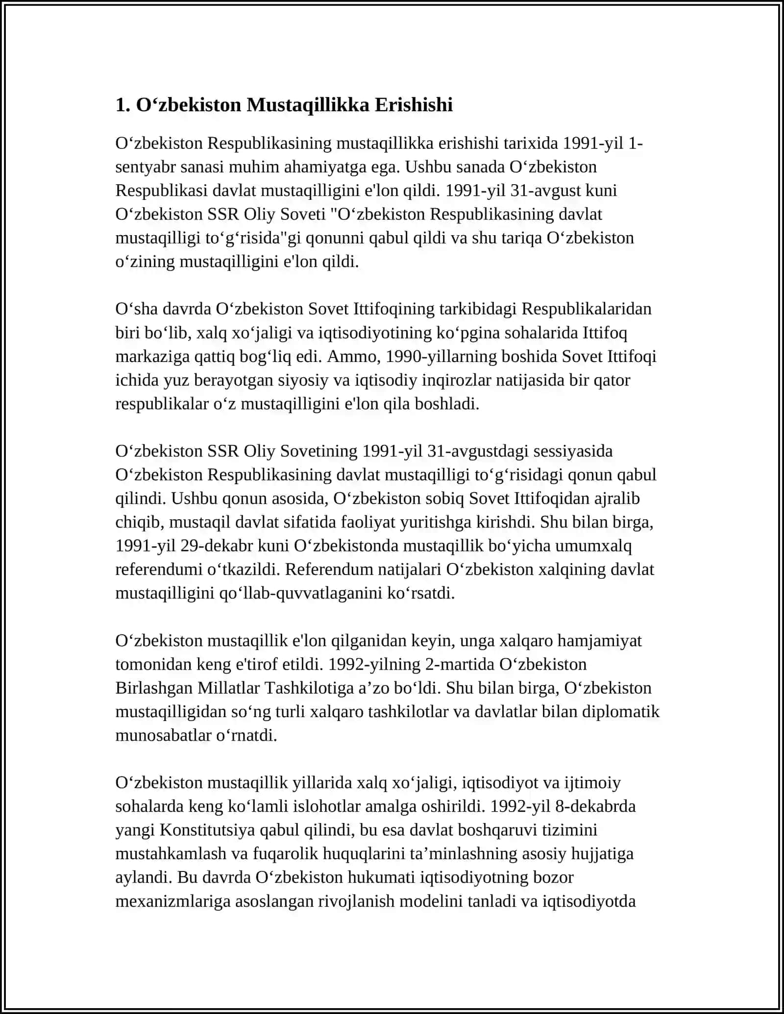 MUSTAQILLIK YILLARIDA OʻZBEKISTONDAGI MAʼNAVIY VA MADANIY XAYOT REFERAT 3