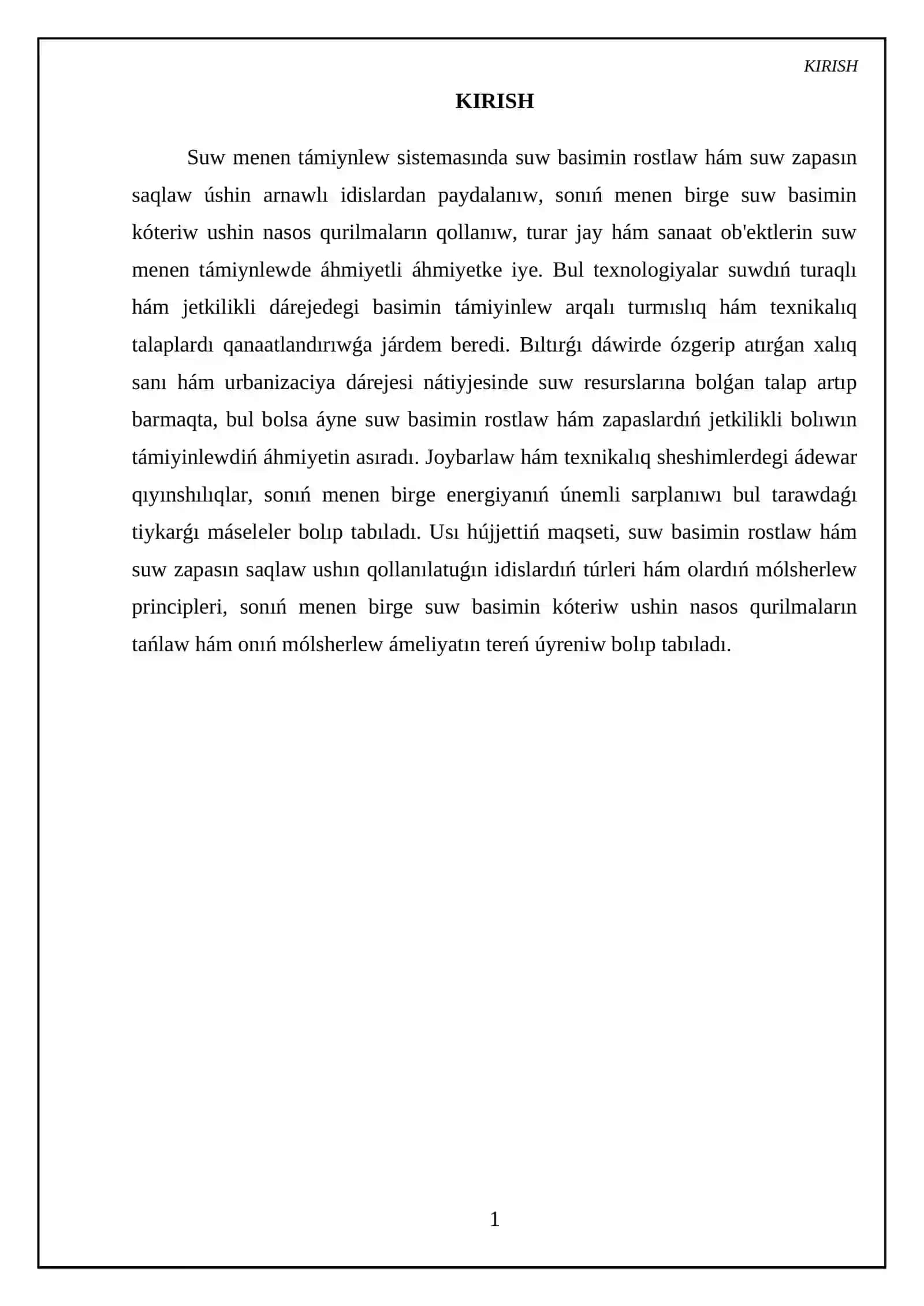 Suw basimin sazlaw ham suw zapasi ushin idislar. Suw basimin kusheytiw ushin nasos qurilmalari 3