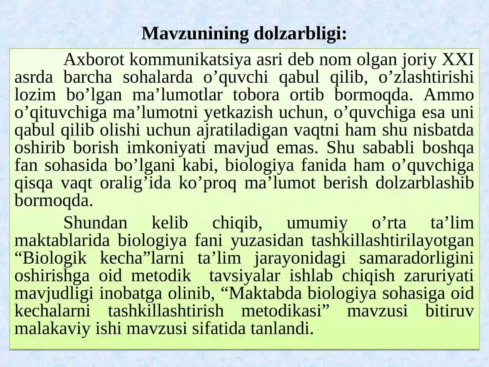 Maktabda biologiya sohasiga oid kechalarni tashkillashtirish metodikasi 3