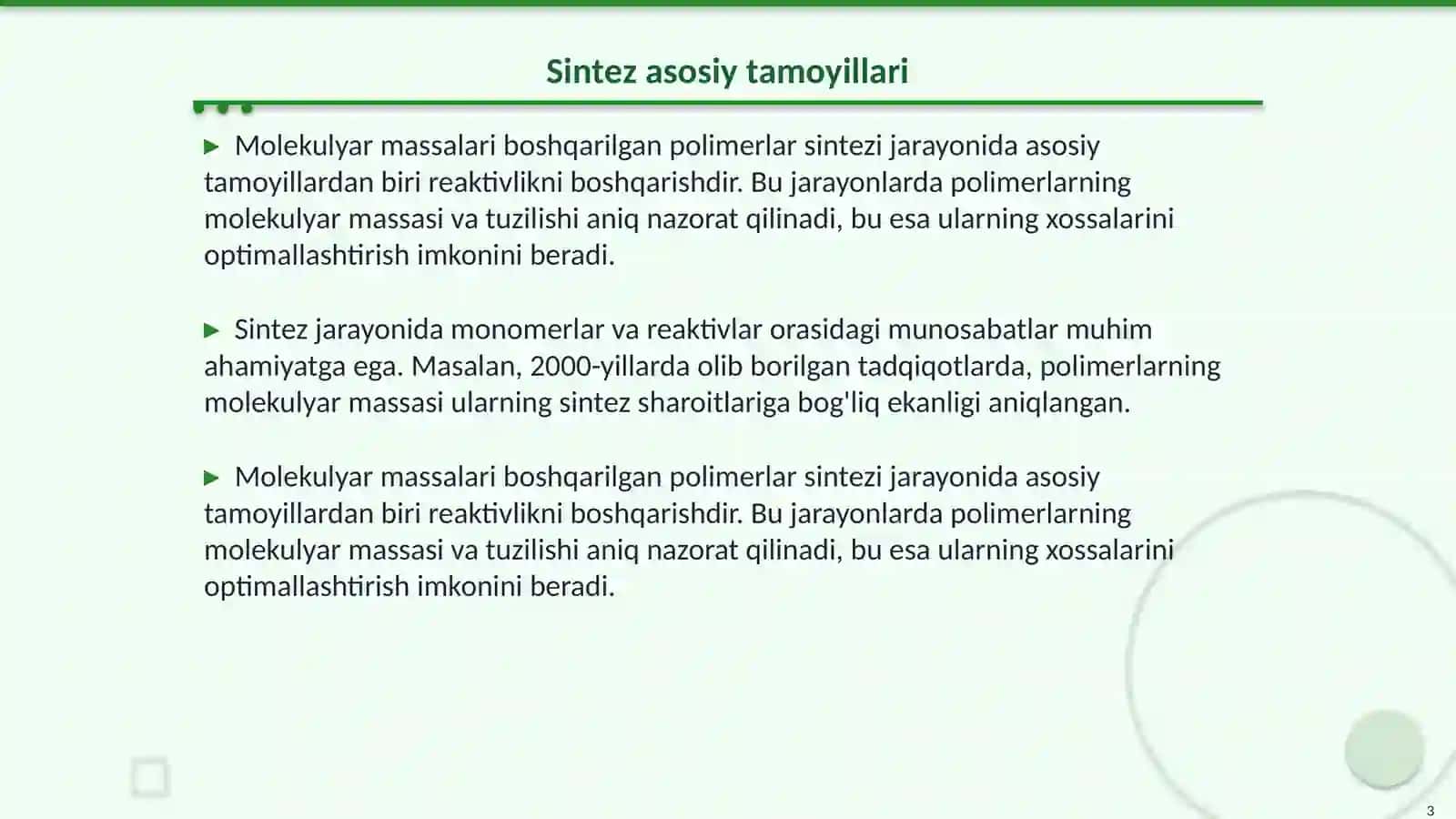 Mоlеkulyar mаssаlаri bоshqаrilgаn pоlimеrlаr sintеzi 3