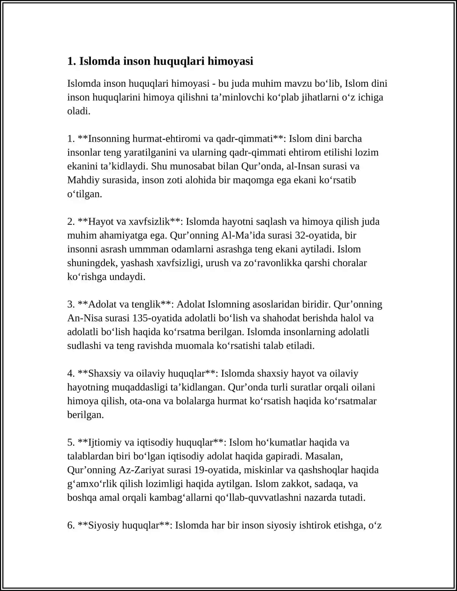 ISLOMDA INSON HUQUQLARI HIMOYASI IJTIMOIY TENGLIK ADOLAT VA TOLERANTLIK.ISLOMDA NIKOH VA OILAVIY MUNOSABATLAR TALQINI ERKAK VA AYOL MOHIYATI 3