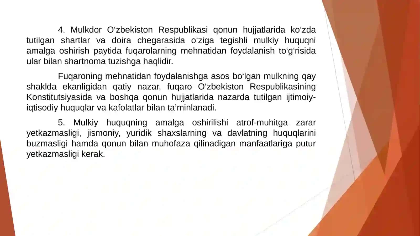 O’ZBEKISTON RESPUBLIKASI QONUNCHILIGI BO’YICHA MULK SHAKLLARI VA MULK HUQUQI TURLARI 3