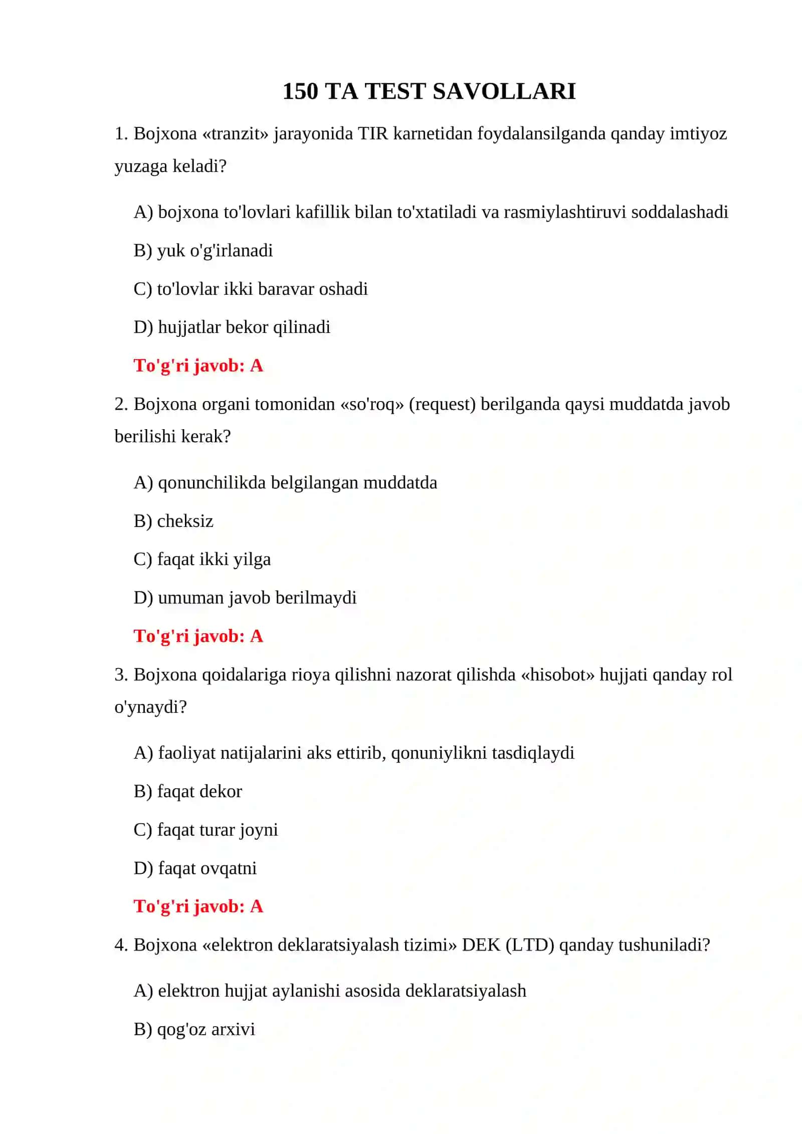 Bojxona Hujjatlari Nazorat Testlari 3