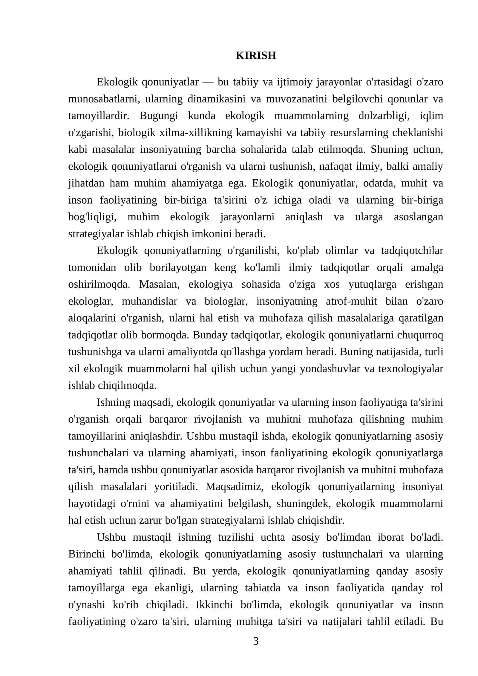 Ekologik qonuniyatlar MUSTAQIL ISHI 3