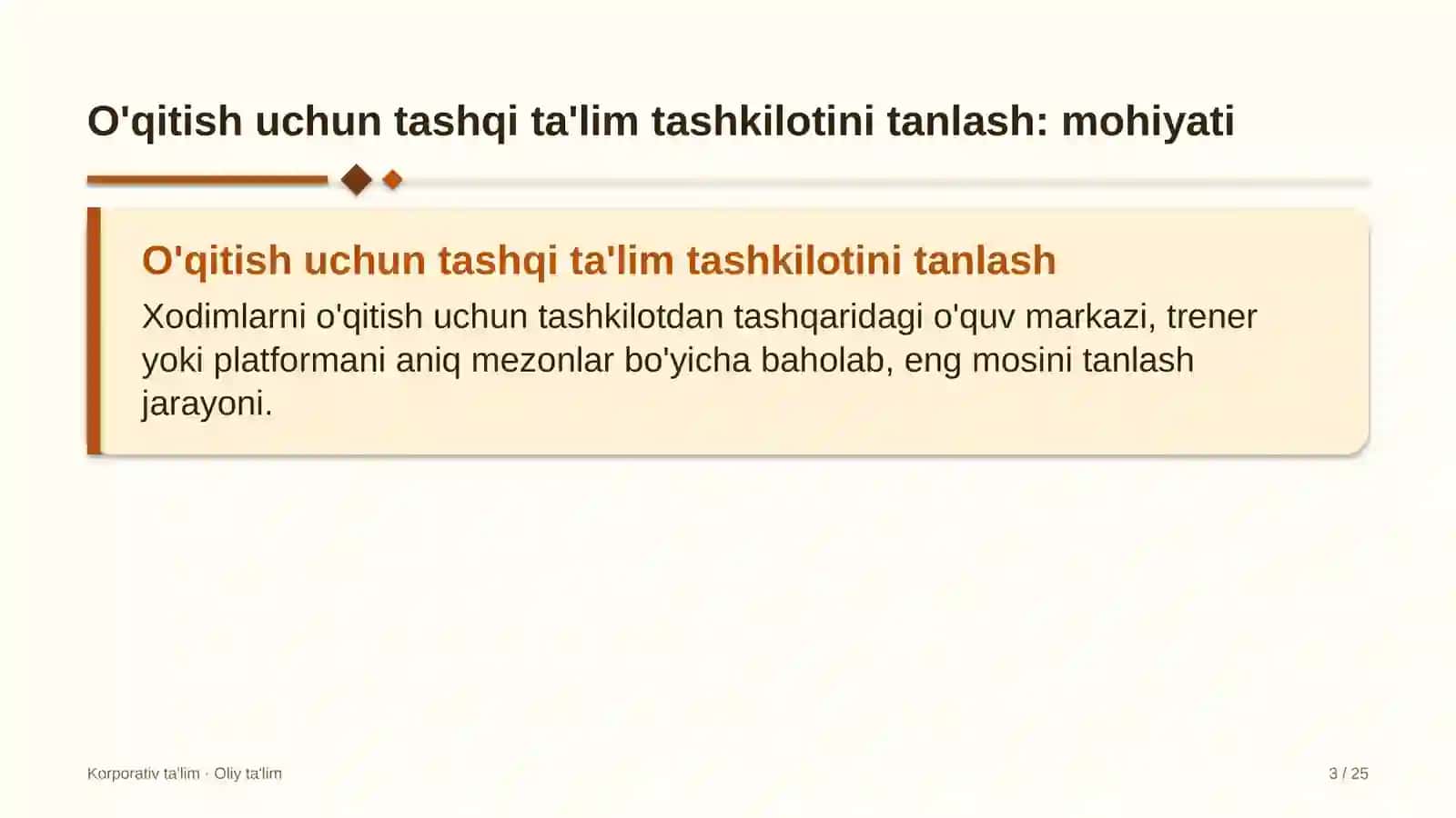 Dasturiy mahsulot kompaniyalarida o'qitish uchun tashqi ta'lim tashkilotlarini tanlash 3