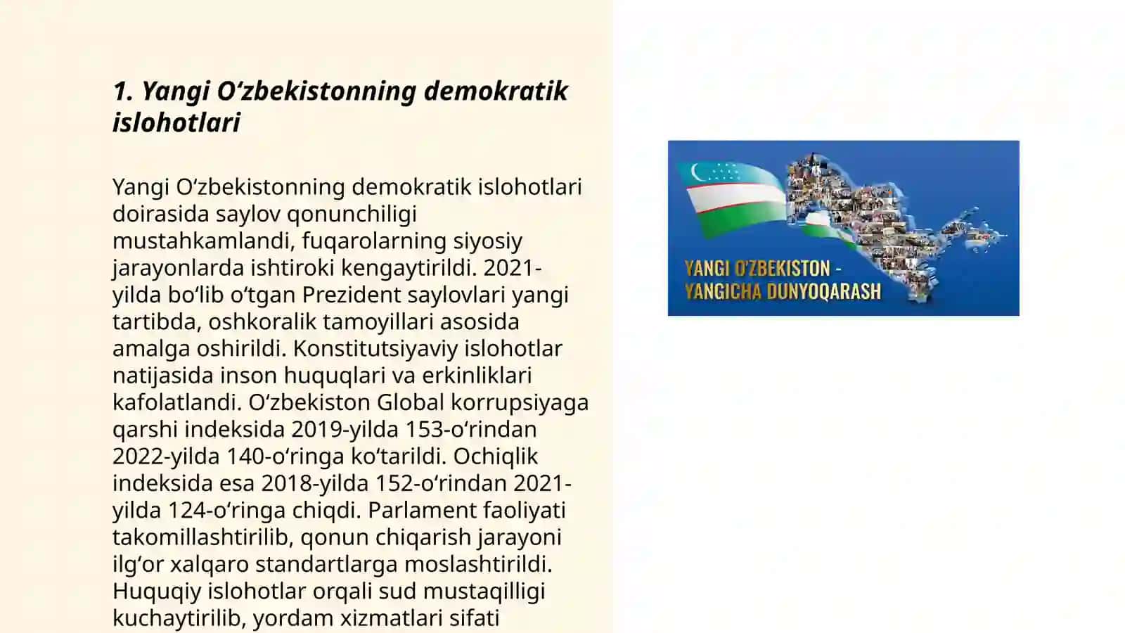 Yangi Oʻzbekiston ijtimoiy-siyosiy, iqtisodiy va madaniy hayotida roʻy berayotgan oʻzgarishlarning xalqaro reyting va indekslarda aks etishi 3