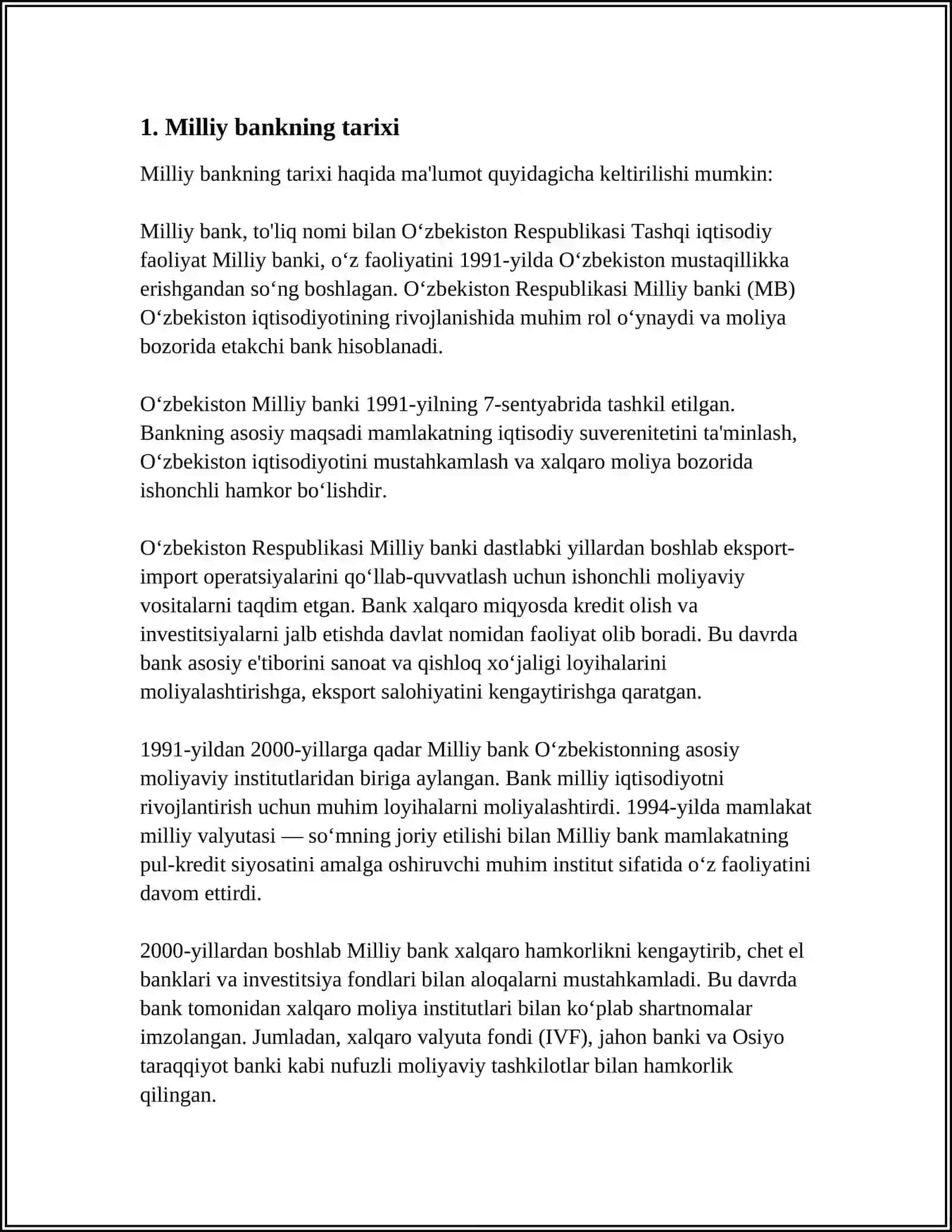 MILLIY BANK MAVZUSIDA INGLIZCHA MUSTAQIL ISH 3