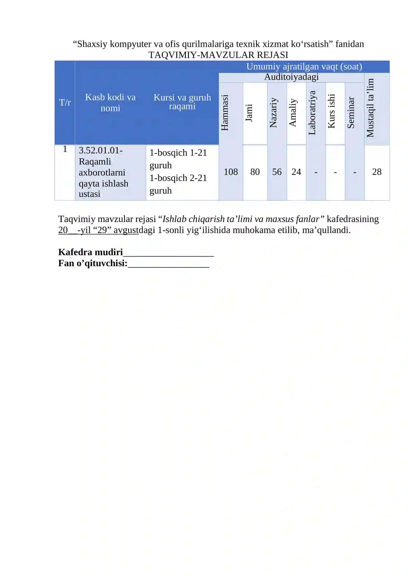 SHAXSIY KOMPYUTER VA OFIS QURILMALARIGA TEXNIK XIZMAT KO’RSATISH fanidan O‘QITISH MATERIALLARI 3
