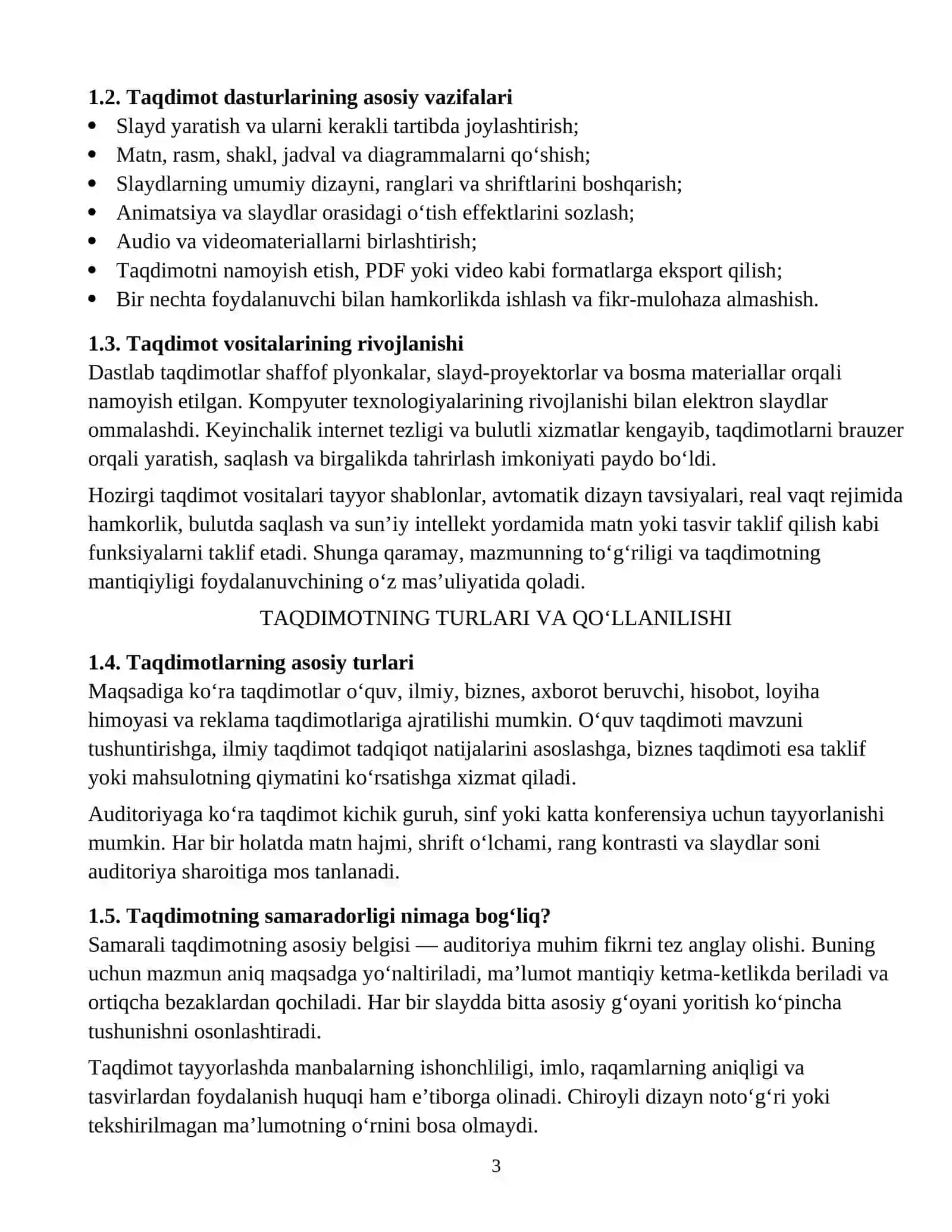 : TAQDIMOT DASTURLARI (PRESENTATION SOFTWARE): ONLAYN VA OFLAYN VOSITALAR YORDAMIDA TAQDIMOTLAR YARATISH 3