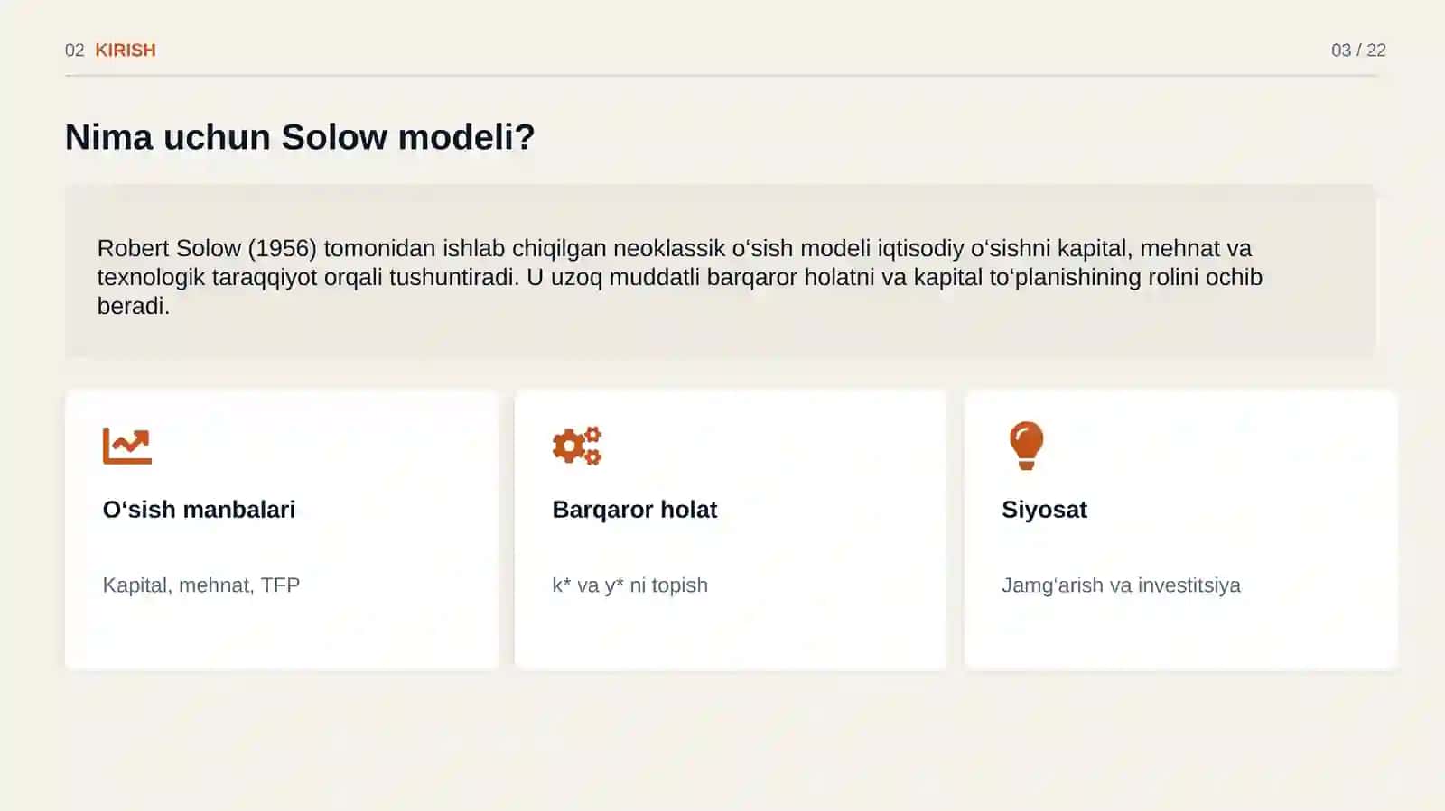Solov iqtisodiy o'sish modelining asosiy koʻrsatkichlarini hisoblash va natijalarini sharhlash. 3