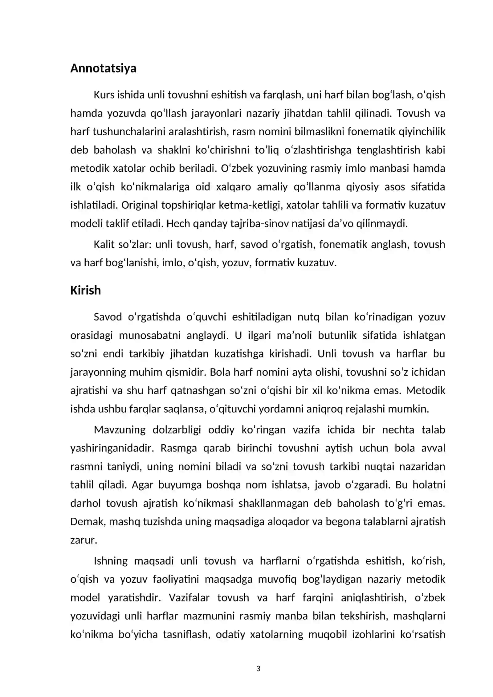 Boshlang‘ich sinfda unli tovush va harflarni o‘rgatishning nazariy hamda metodik asoslari — kurs ishi namunasi 3