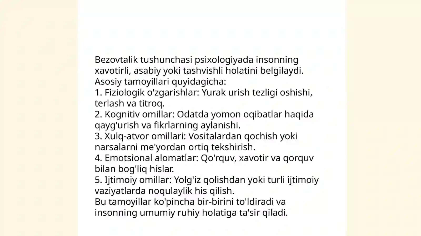 Bezovtalik Tushunchasi.Jarohatdan keyingi stresli holatda bezotalanish bilan bog'liq kechinmalar bilan ishlash 3