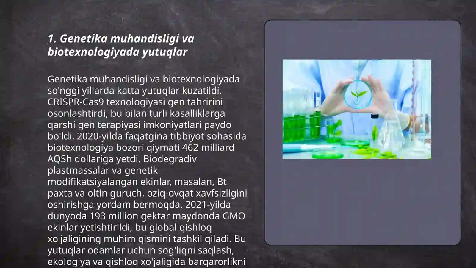 Biotexnologiya tarmoqlarini ilmiy tadqiqot yutuqlari va uning ahamiyati 3