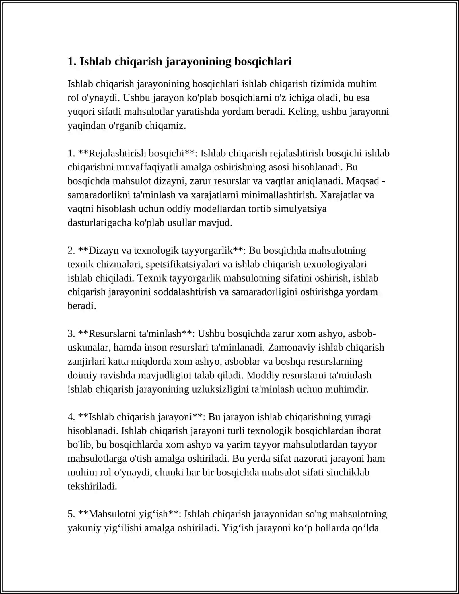 MUSTAQIL ISH Mavzu: ISHLAB CHIQARISH JARAYONI VA UNING NATIJALARI 3