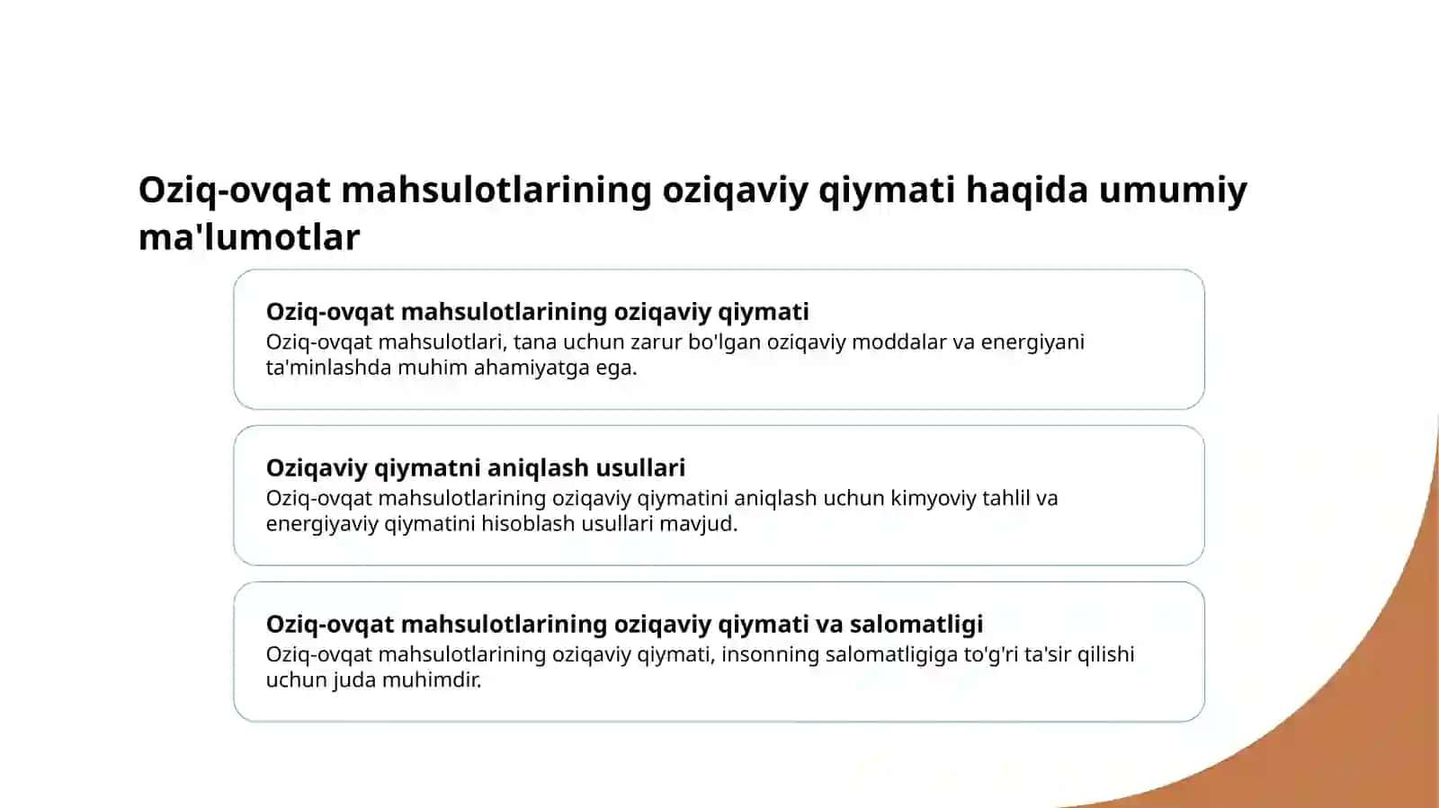 Oziq-ovqat mahsulotlarini oziqaviy va energiyaviy qiymatini aniqlash 3