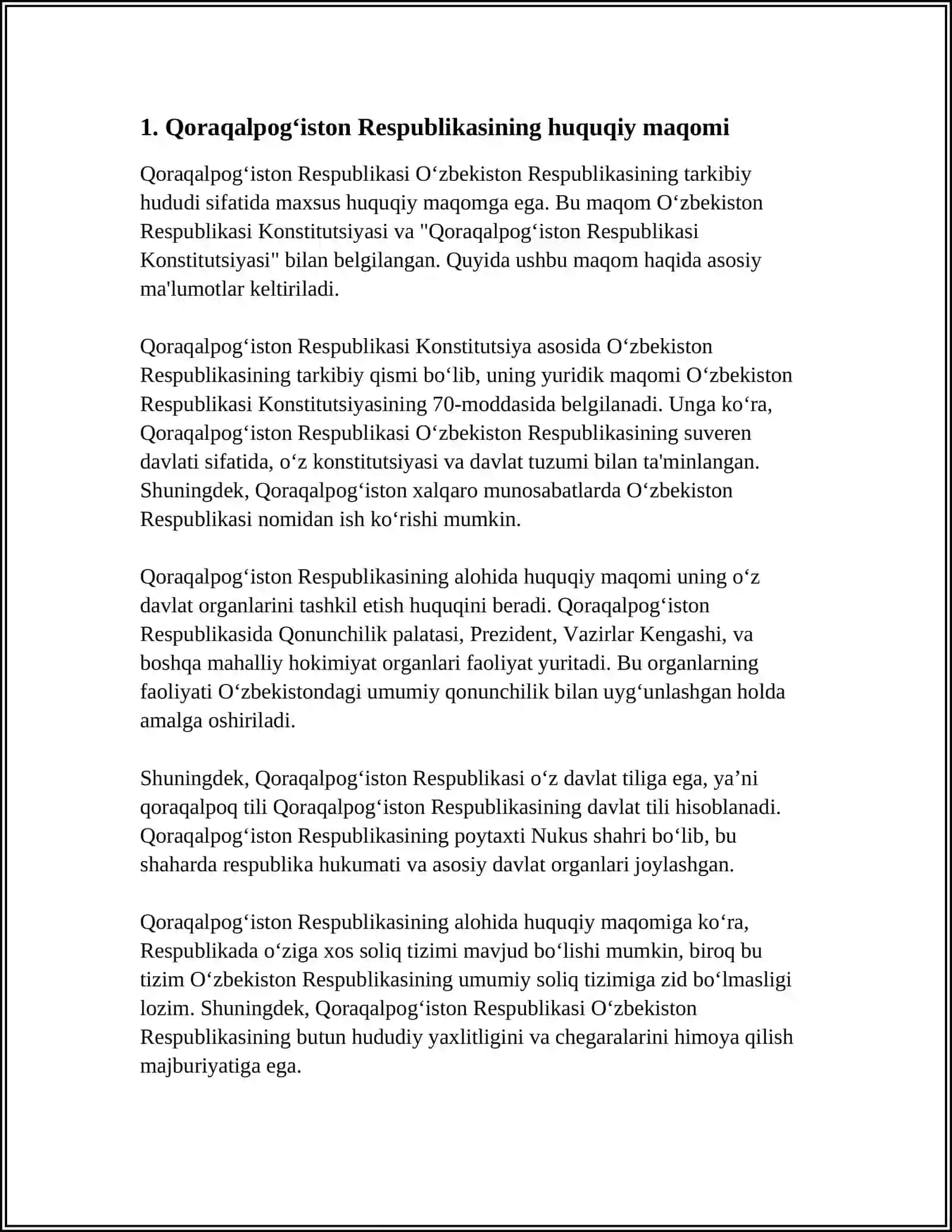 MUSTAQIL ISH Mavzu: QORAQALPOGʻISTON RESPUBLIKASI KONSTITUTSIYASI VA DAVLAT TUZULISHI 3