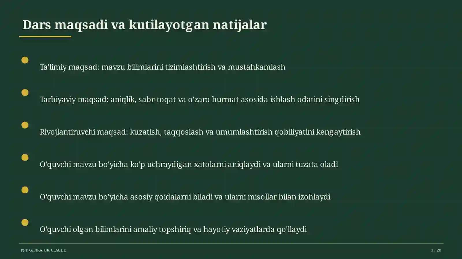 Sinf soati va tarbiyaviy tadbirlar (1–11) — ochiq dars uchun 3