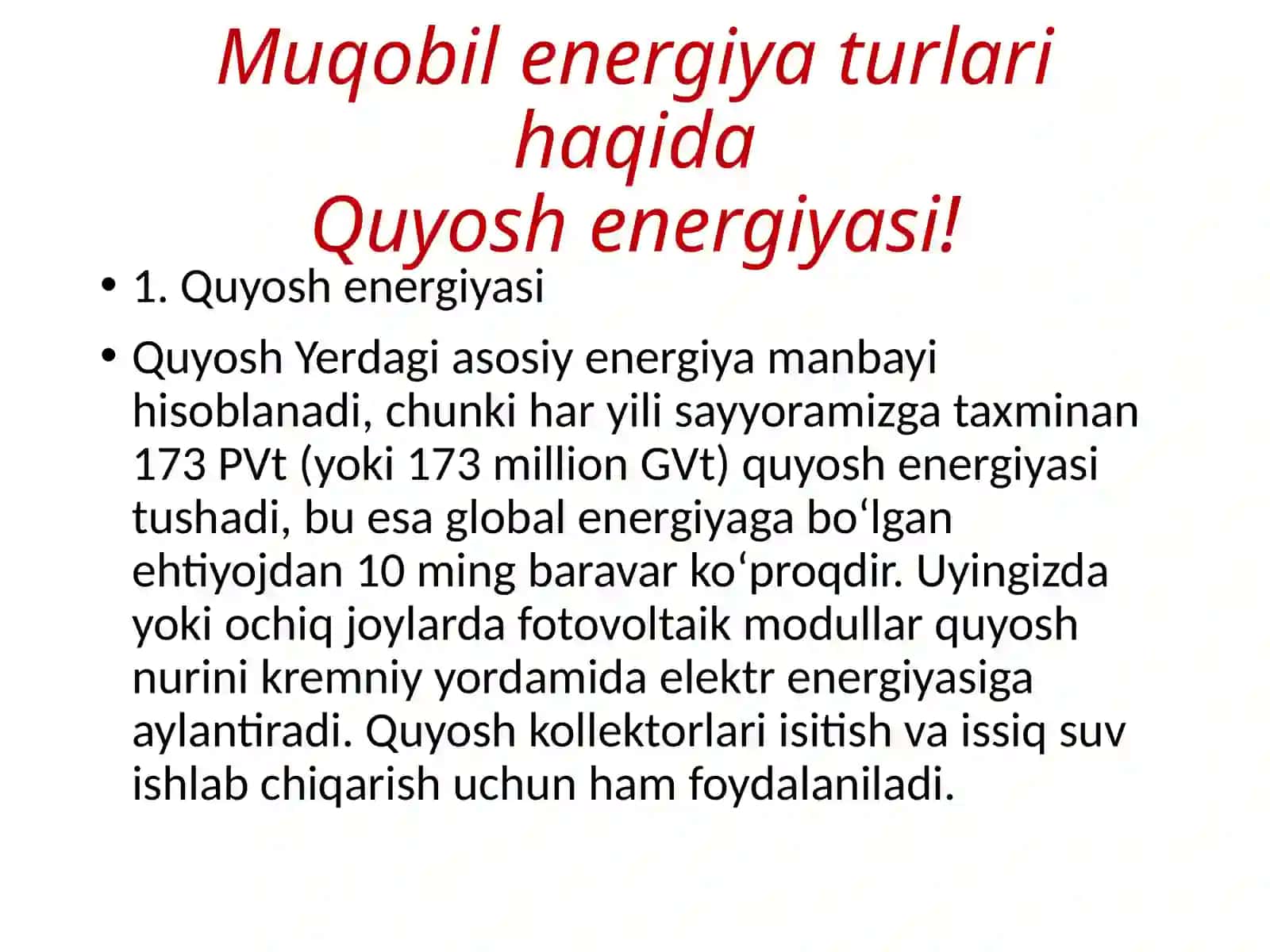 Muqobil energiya turlari va ularni ekologik xavfsizligi 3