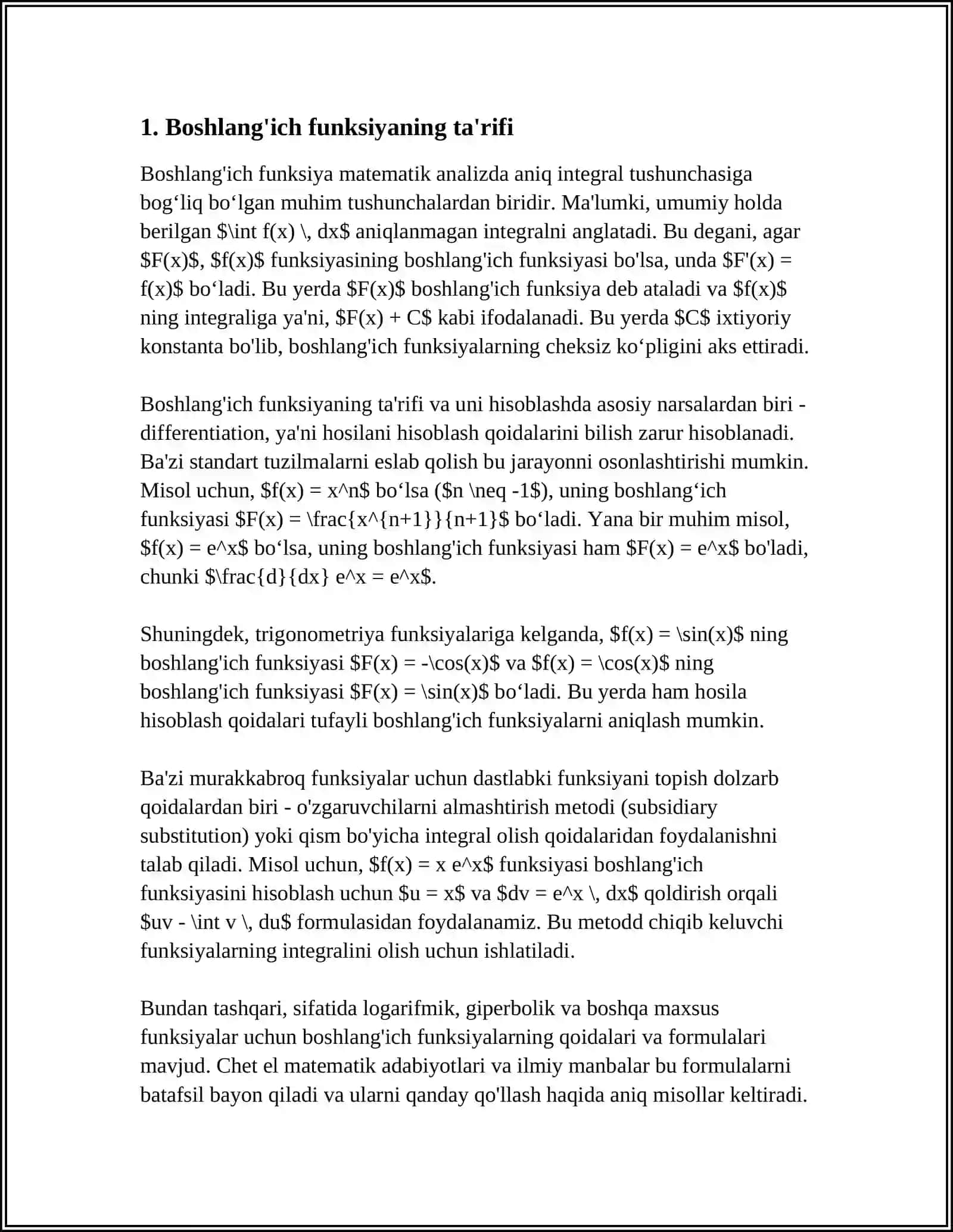 BOSHLANGʻICH FUNKSIYA. ANIQMAS INTEGRAL. INTEGRALLASH USULLARI 3