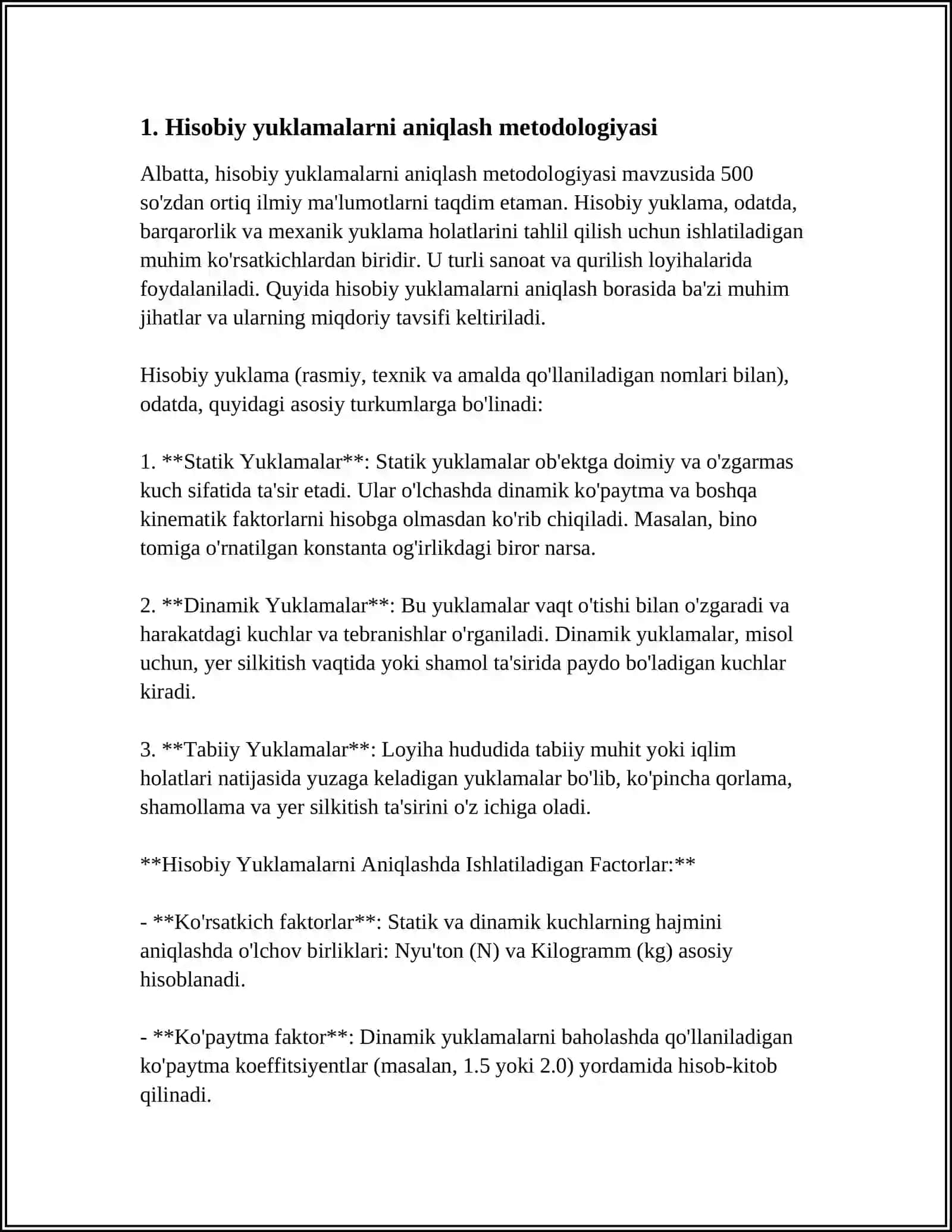 MUSTAQIL ISH Mavzu: HISOBIY YUKLAMALARNI ANIQLASH VA TRANSFORMATOR PUNKTI (TP) QUVVATINI TANLASH 3