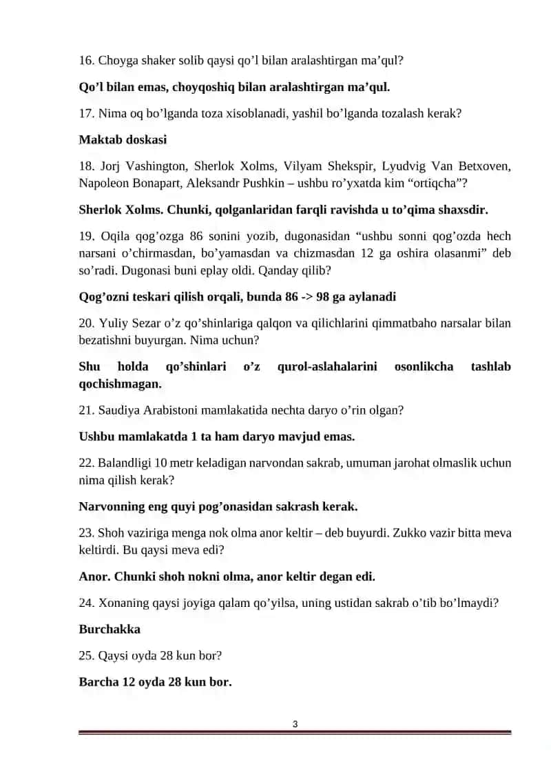 Mantiqiy savollar javoblari bilan 3