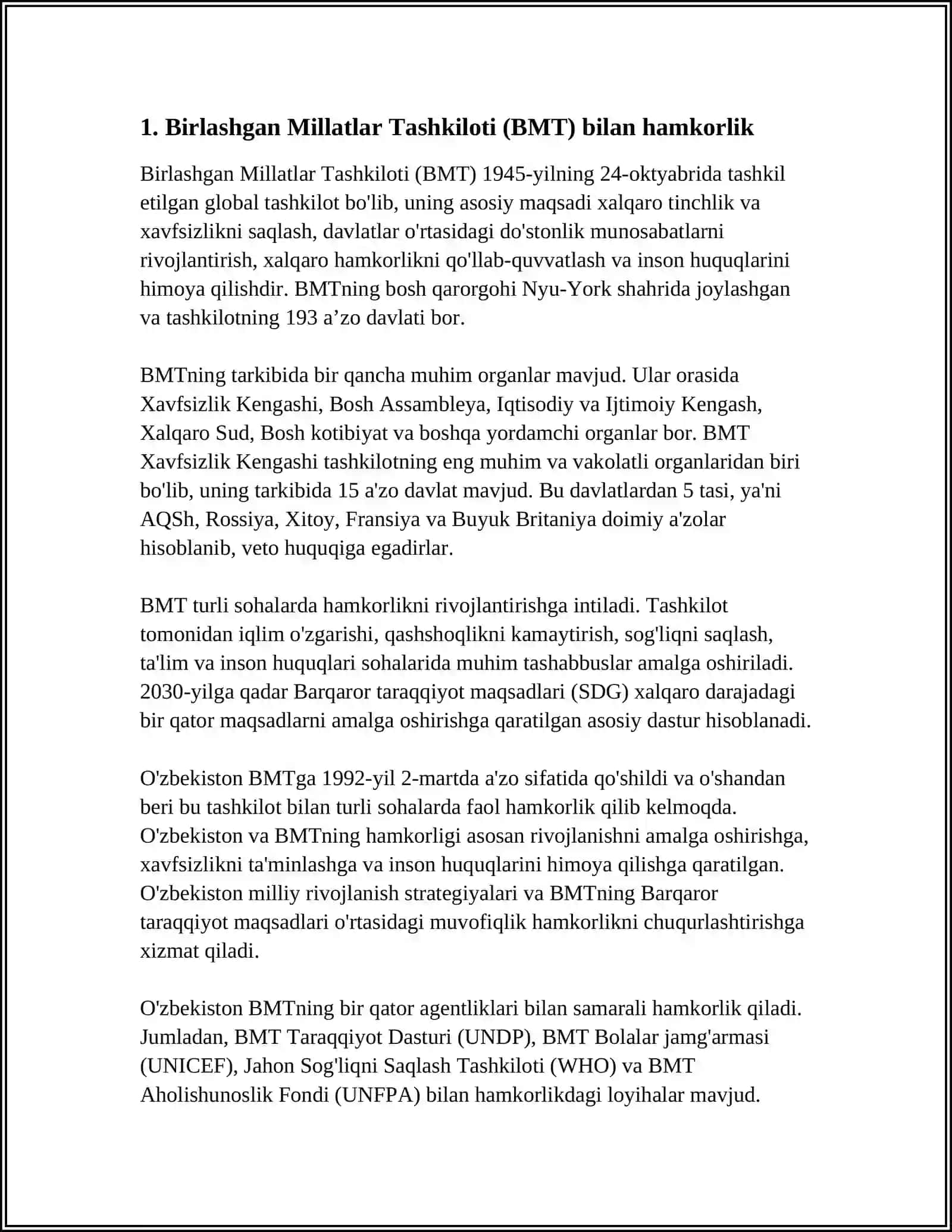 O'ZBEKISTONNING XALQARO TASHKILOTLAR BILAN HAMKORLIK ALOQALARI 3