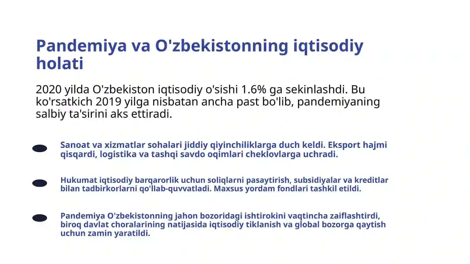 Pandemiya sharoitida O'zbekistonning jahon bozoridagi ishtirokl 3