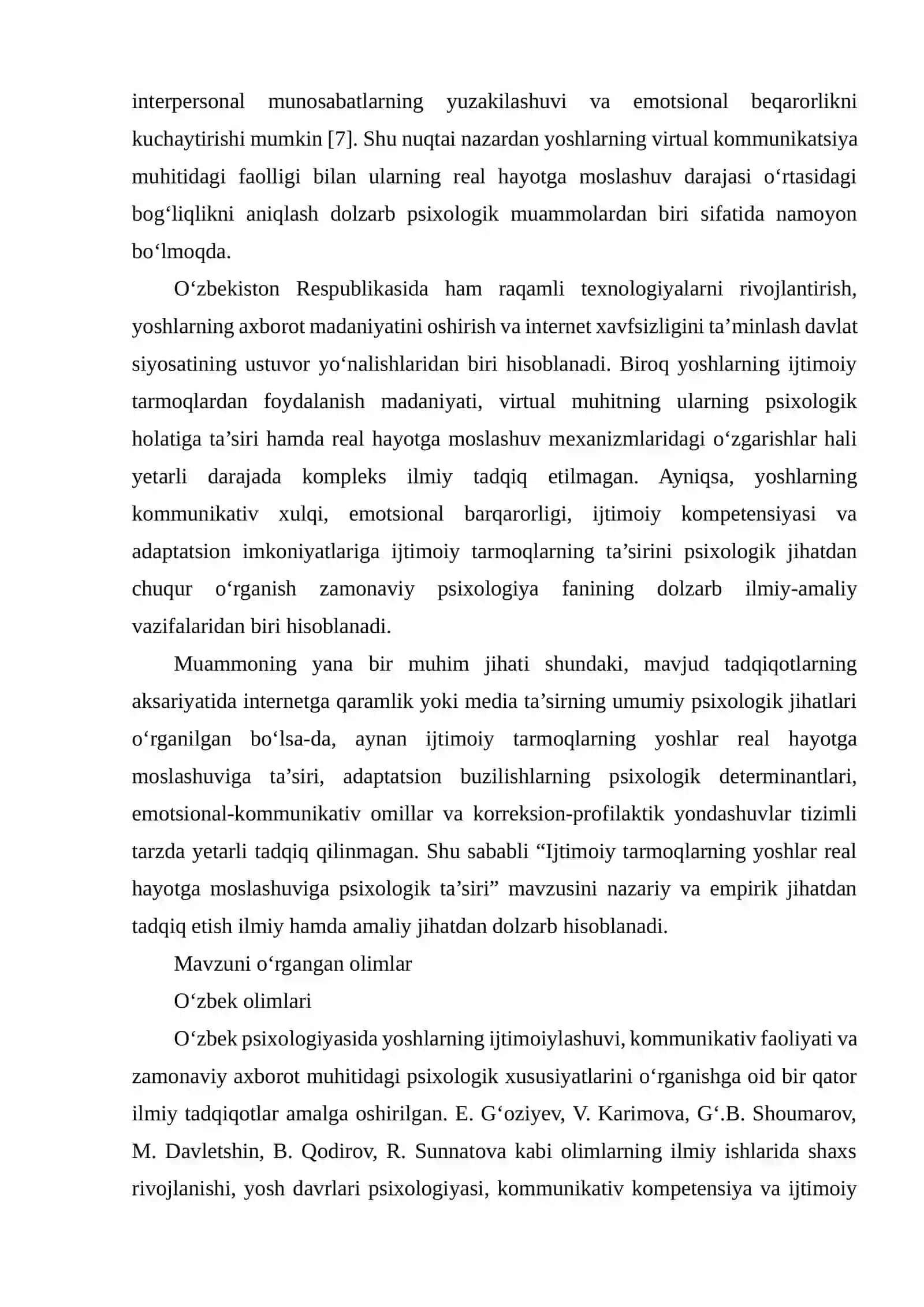 IJTIMOIY TARMOQLARNING YOSHLAR REAL HAYOTGA MOSLASHUVIGA PSIXOLOGIK TA’SIRI DISSERTATSIYA MUNDARIJASI 3