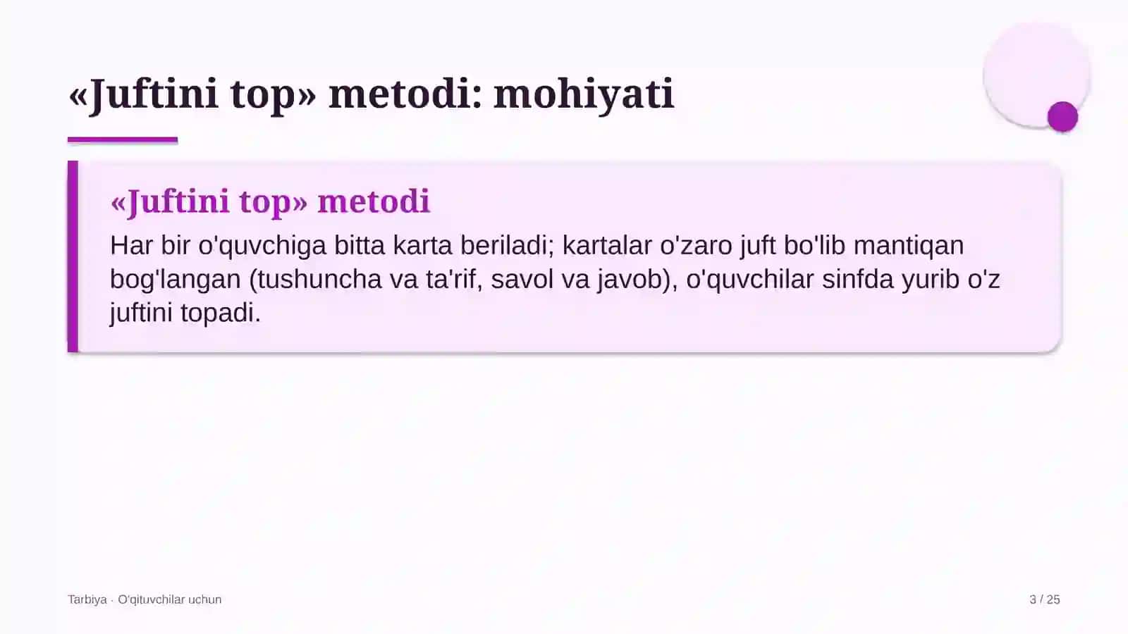 tarbiya darslarida juftini top metodidan foydalanish 3070 3