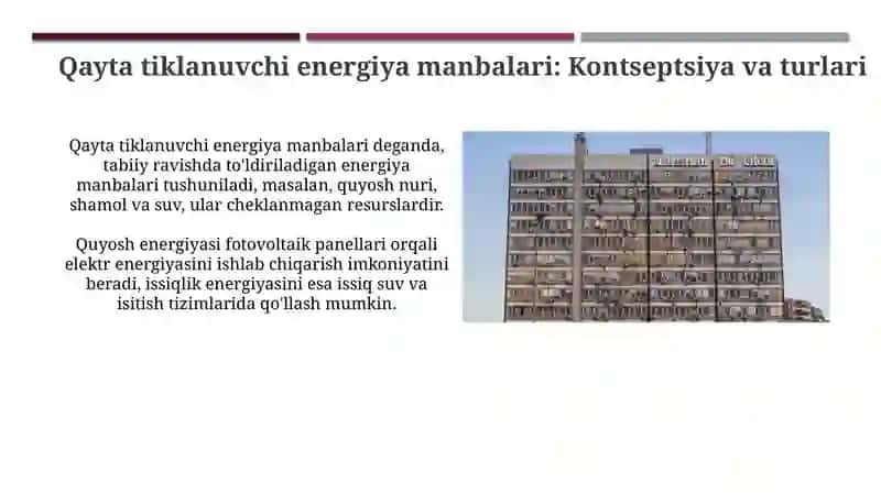 Qayta tiklanuvchi energiya manbalari: Kontseptsiya va turlari 3