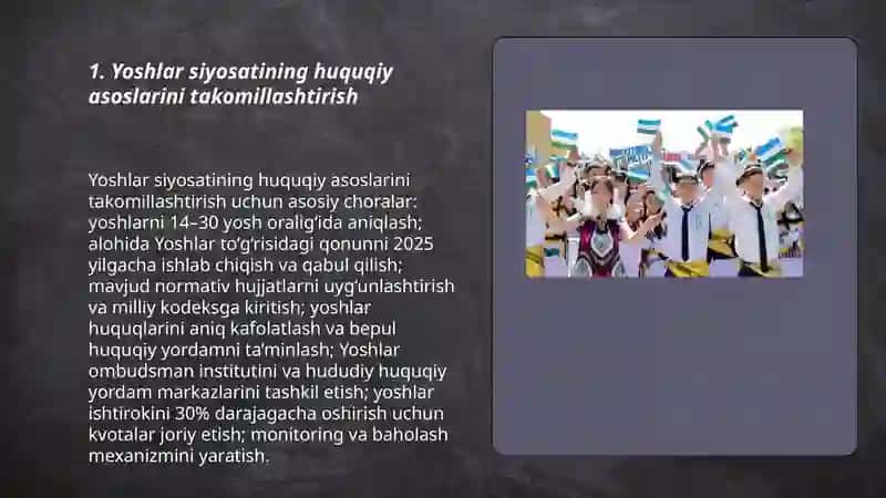 Yoshlarga oid davlat siyosatining izchil va samarali tashkil etish 3