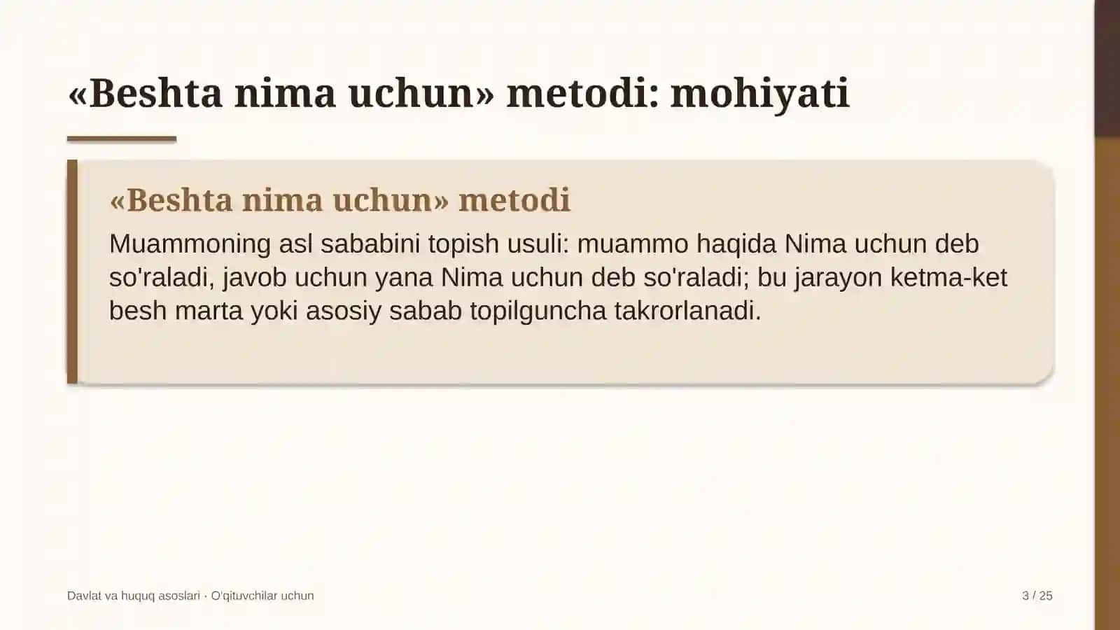 davlat va huquq asoslari darslarida beshta nima uchun metodidan foydalanish 7005 3