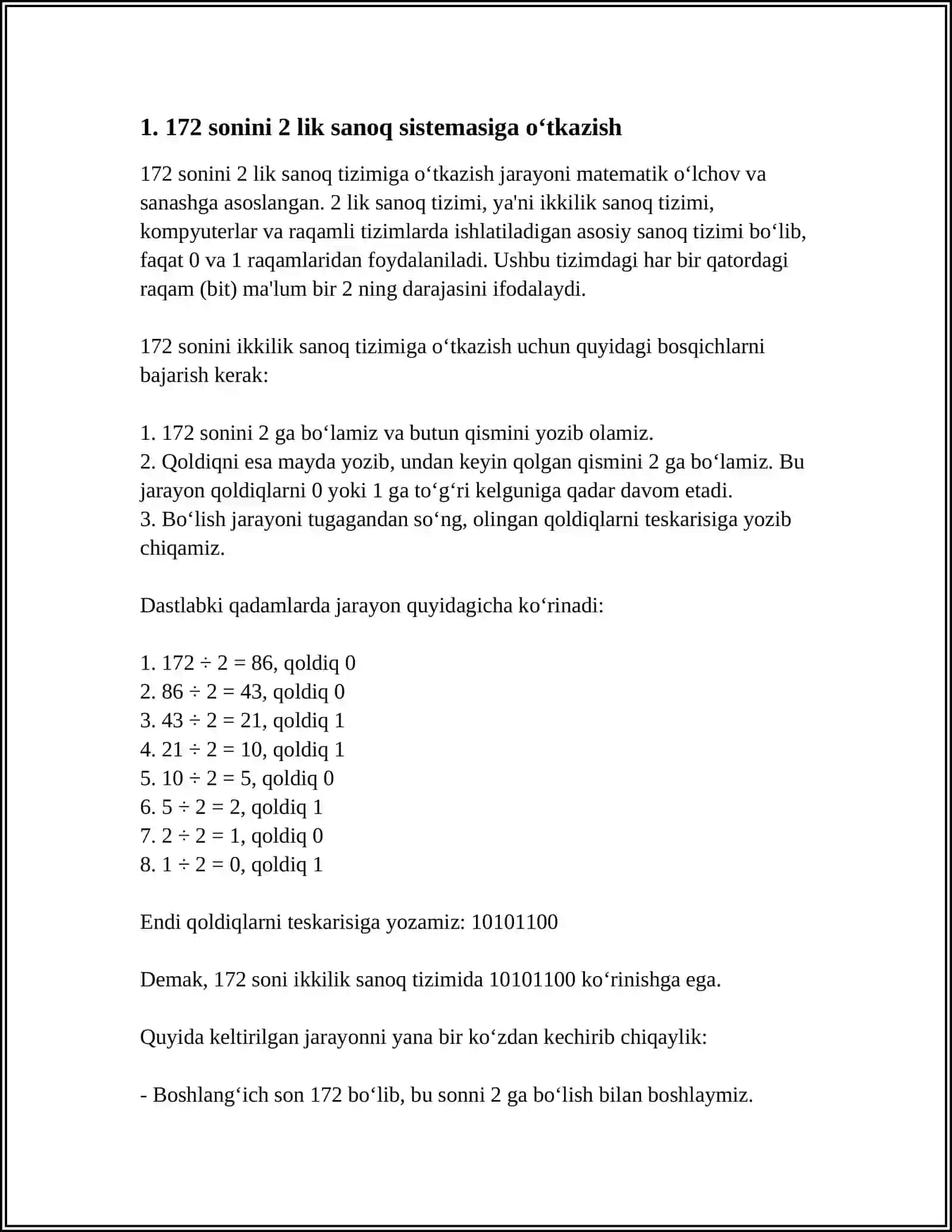 172 sonini 2 lik sanoq sistemasiga o‘tkazish 3